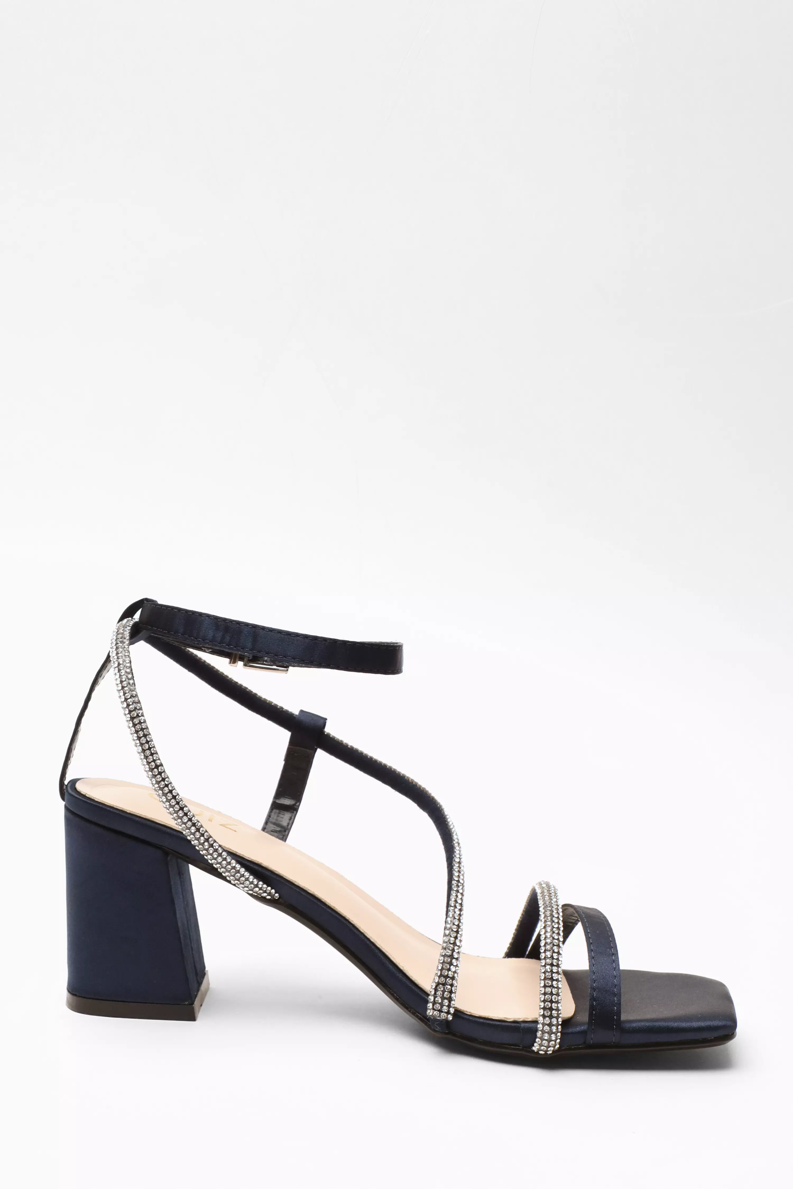 Navy Satin Diamante Block Heeled Sandals