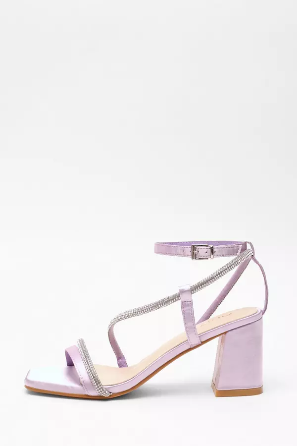 Lilac Satin Diamante Block Heeled Sandals