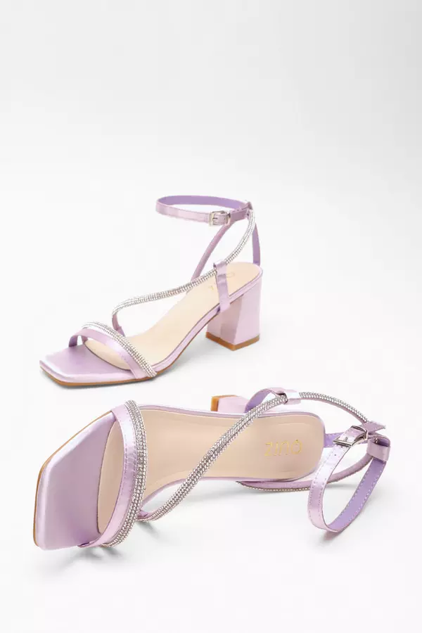 Lilac Satin Diamante Block Heeled Sandals