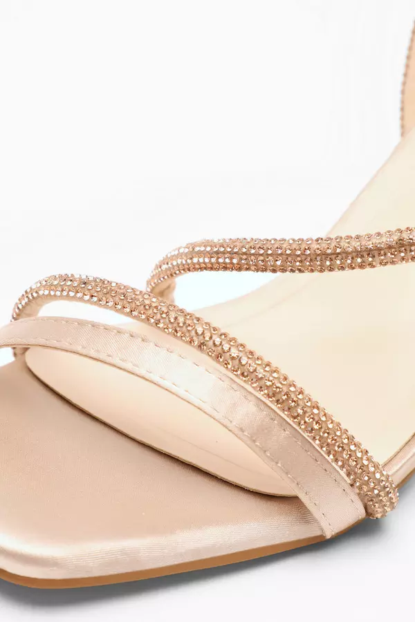 Champagne Satin Diamante Block Heeled Sandals