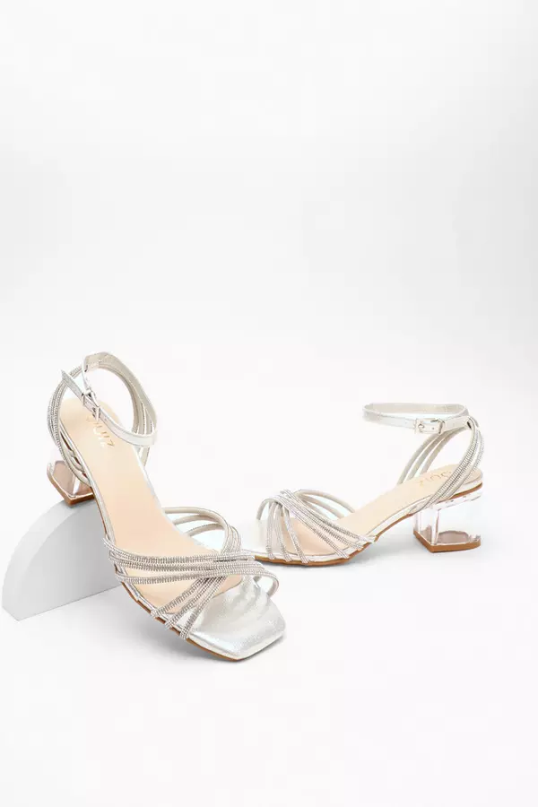 Silver Diamante Strap Low Heeled Sandals