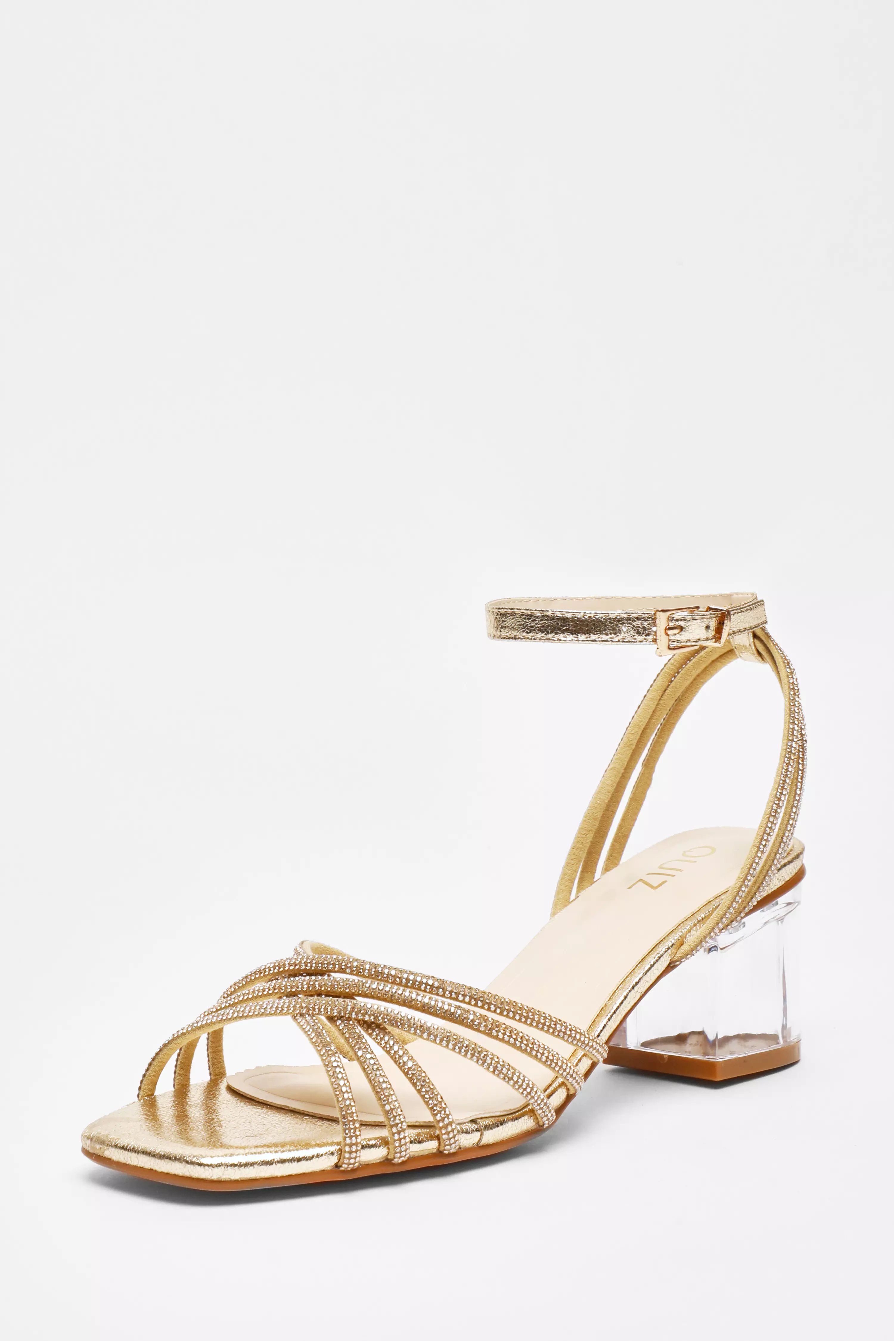 Gold Diamante Strap Low Heeled Sandals