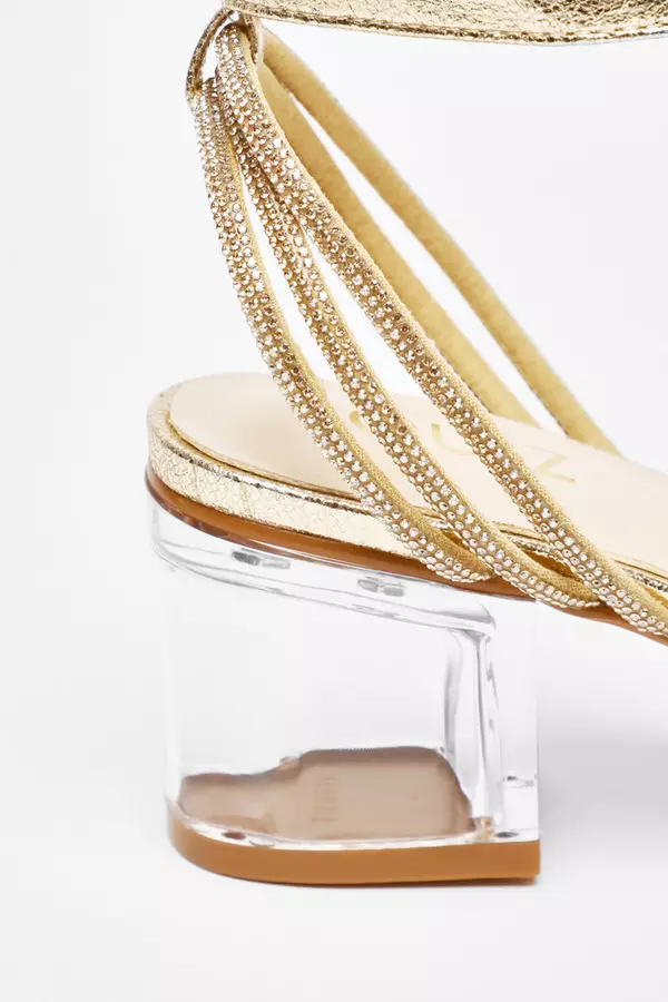 Gold Diamante Strap Low Heeled Sandals