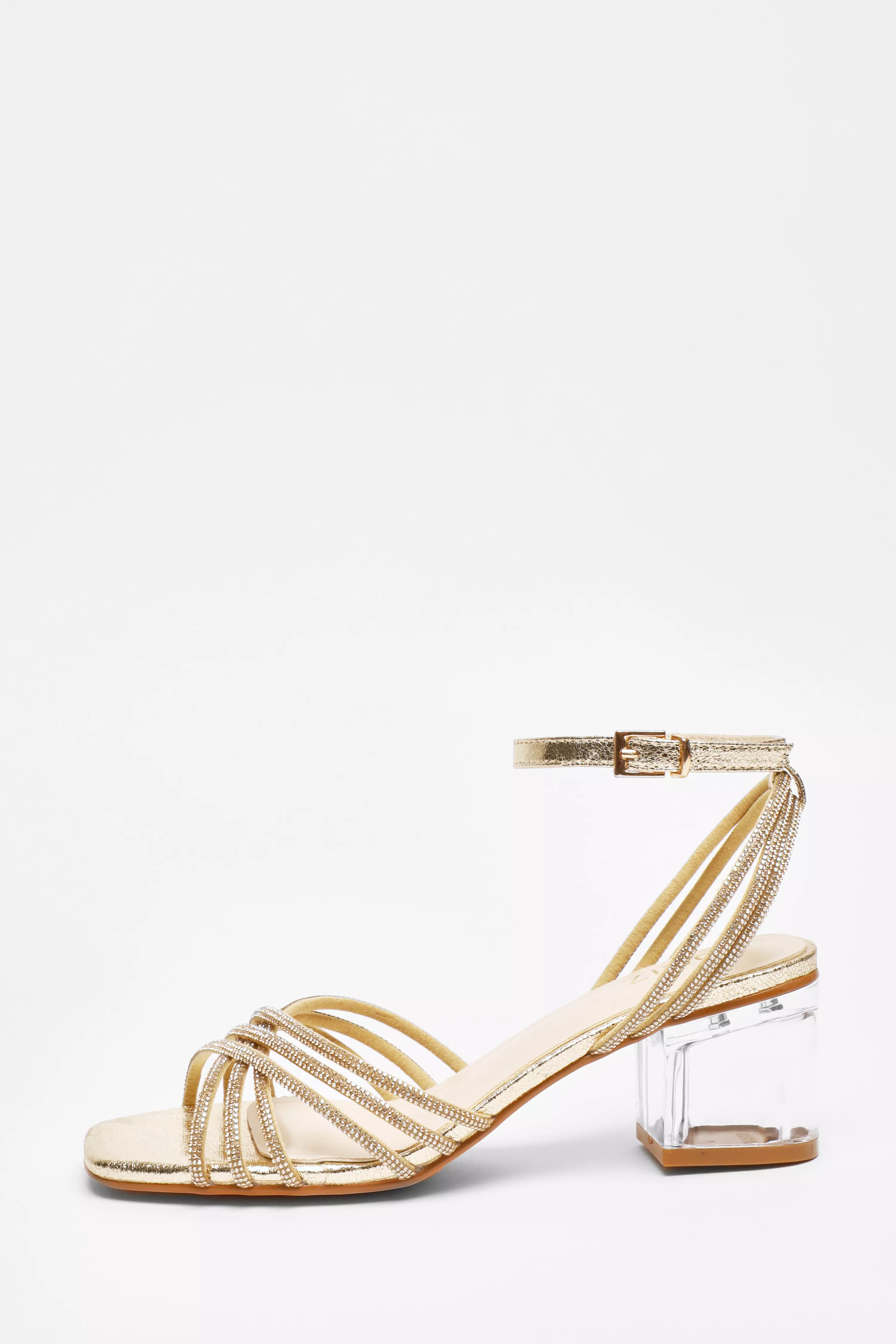 Gold Diamante Strap Low Heeled Sandals