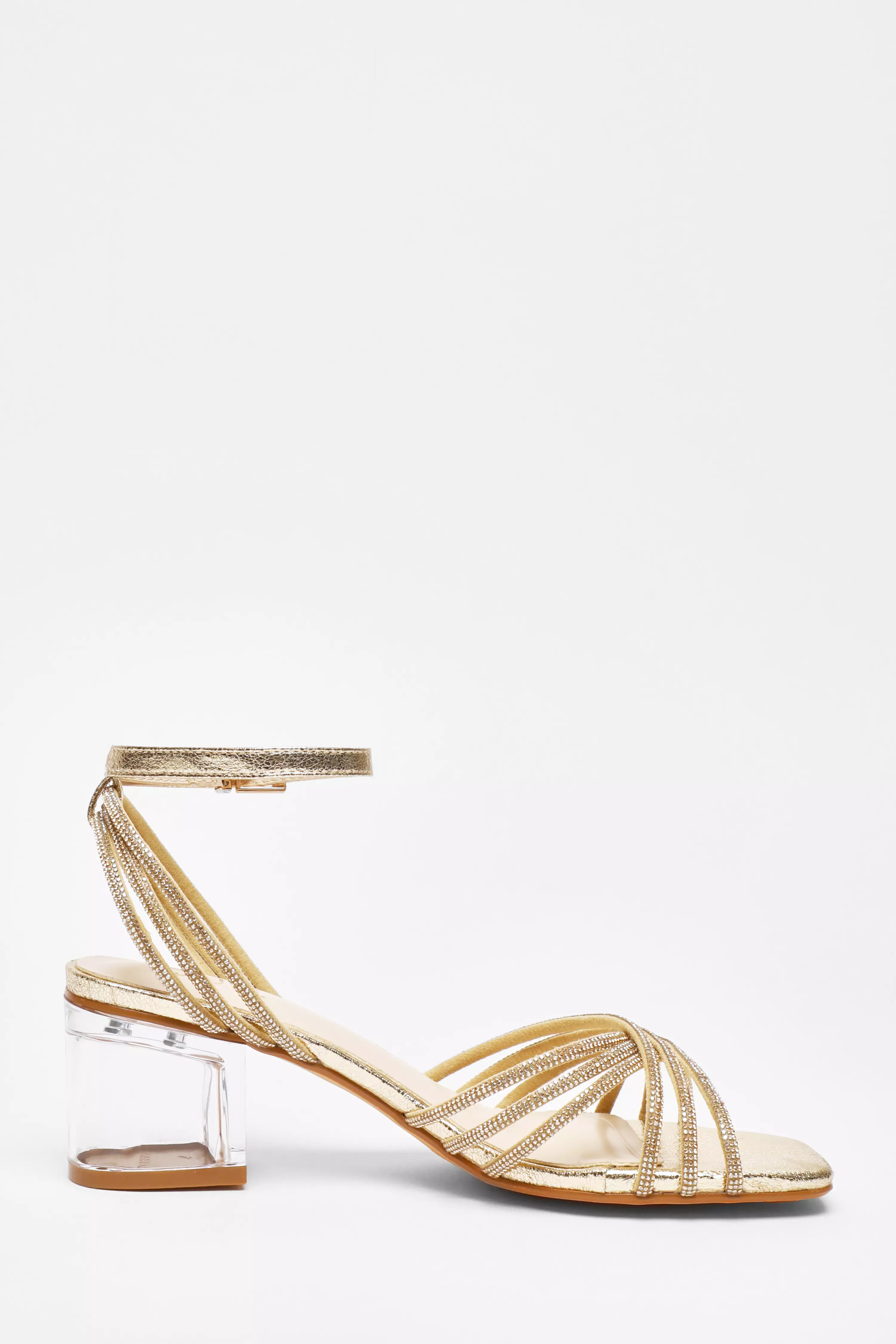 Gold Diamante Strap Low Heeled Sandals