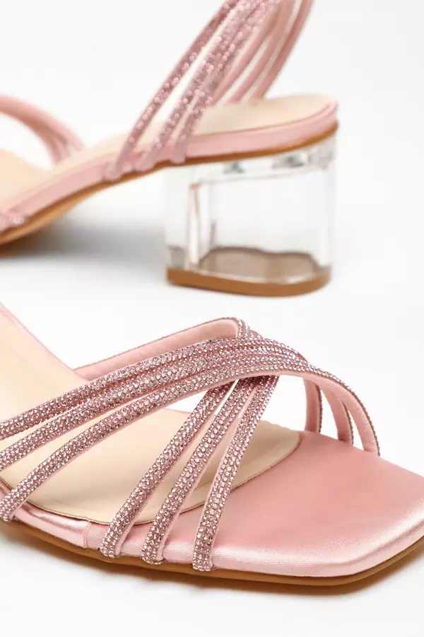 Pink Diamante Strap Low Heeled Sandals