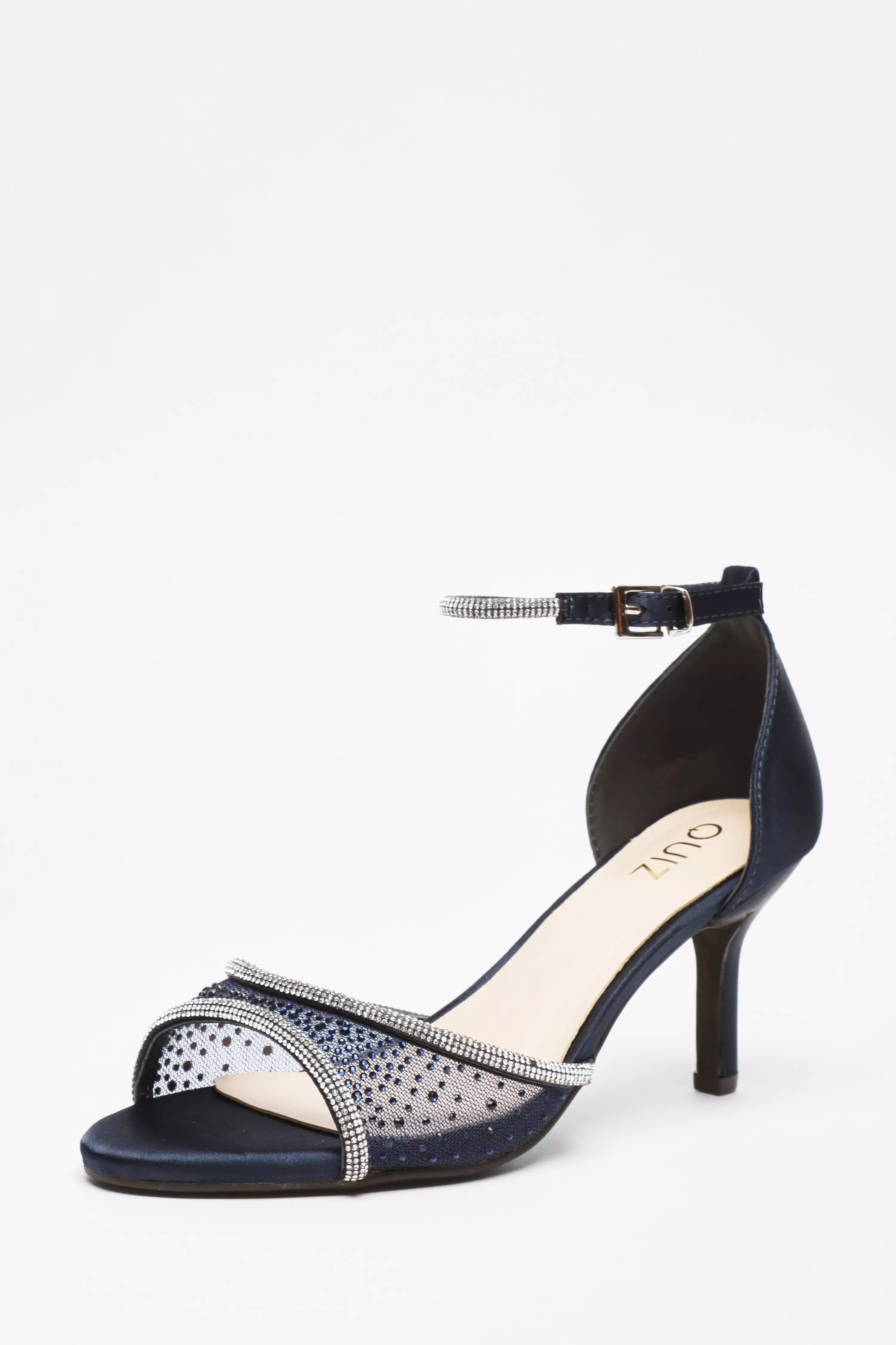 Navy Satin Mesh Diamante Heeled Sandal