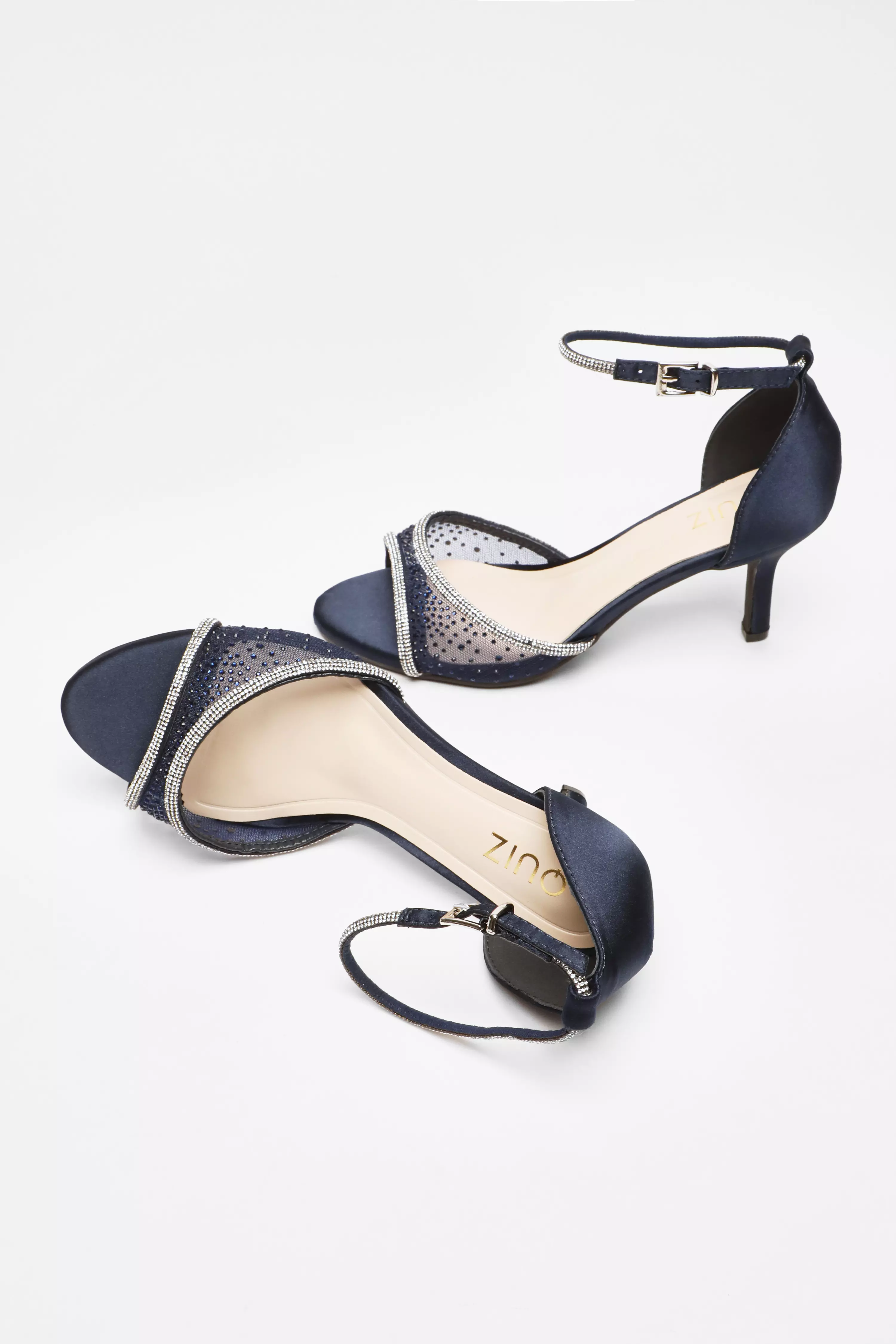 Navy Satin Mesh Diamante Heeled Sandal