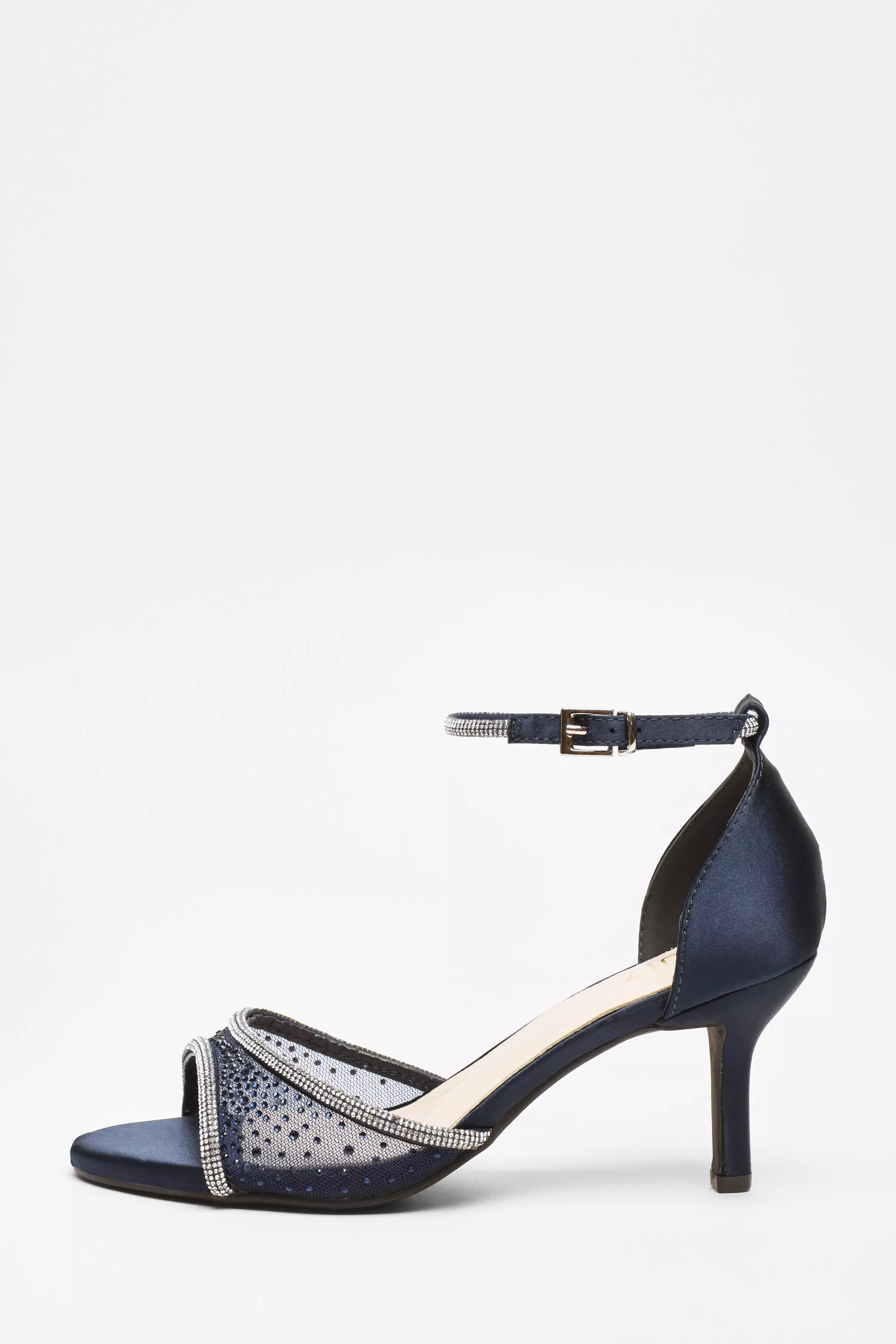 Navy Satin Mesh Diamante Heeled Sandal