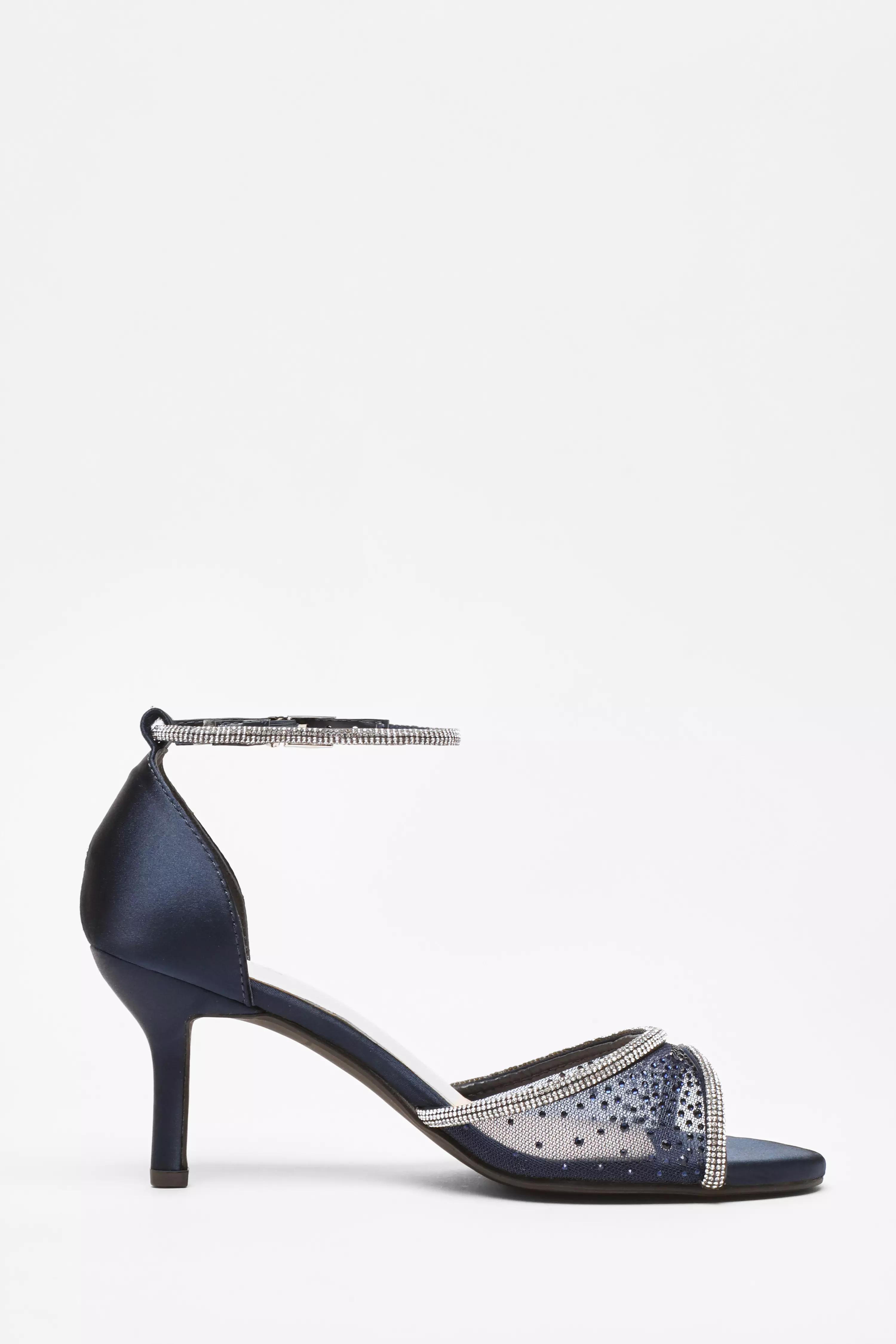 Navy Satin Mesh Diamante Heeled Sandal