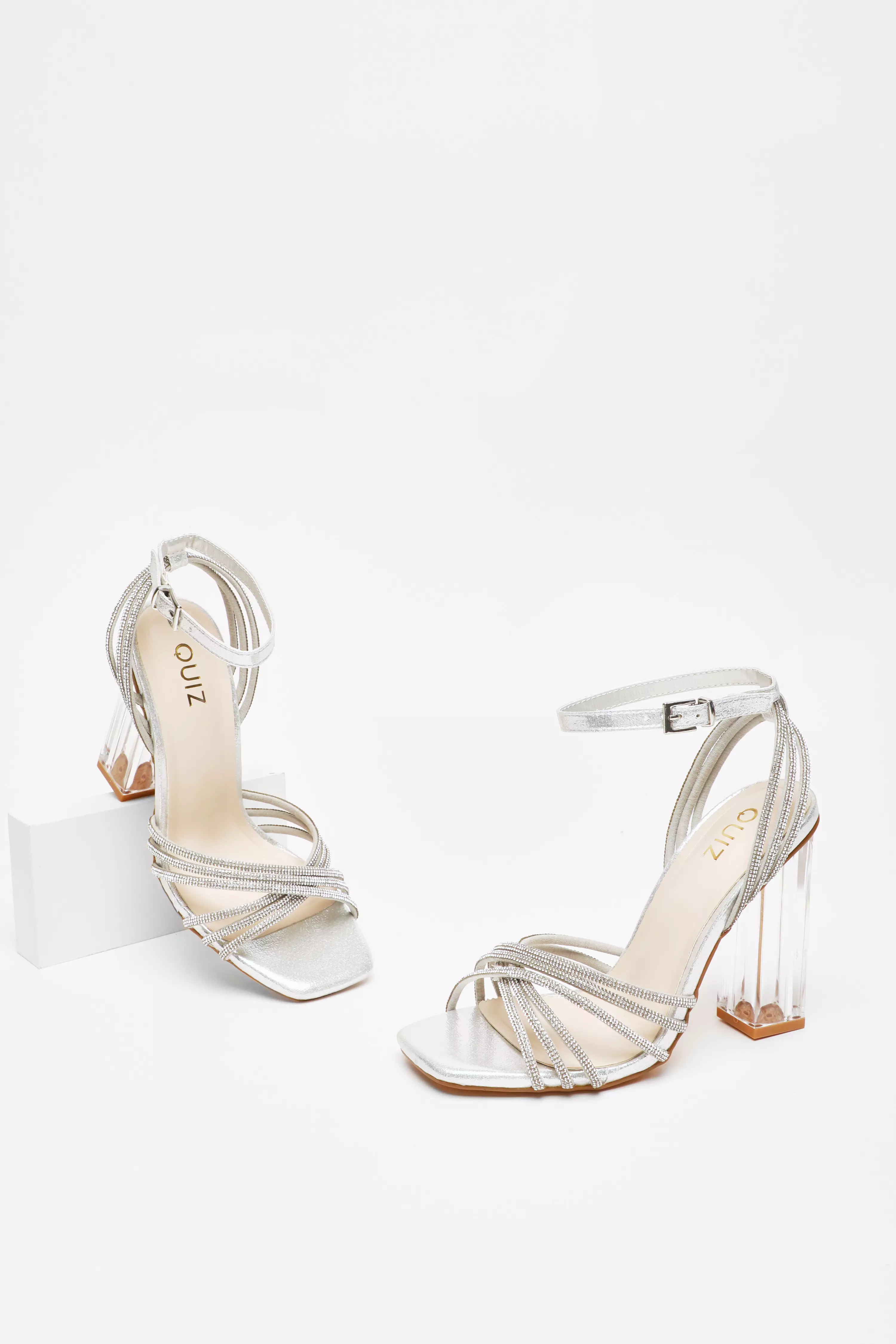 Silver Diamante Strap Heeled Sandals