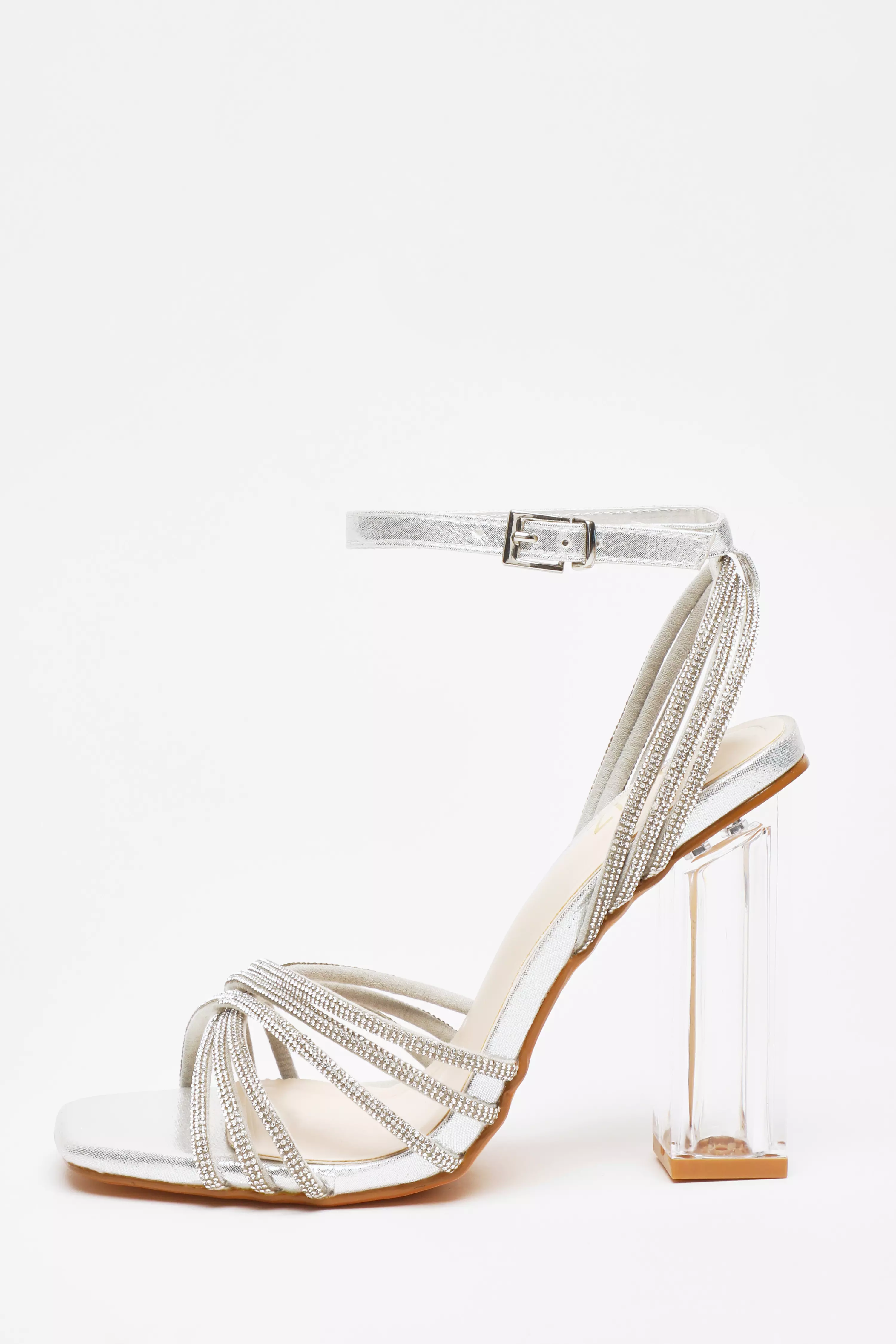 Silver Diamante Strap Heeled Sandals