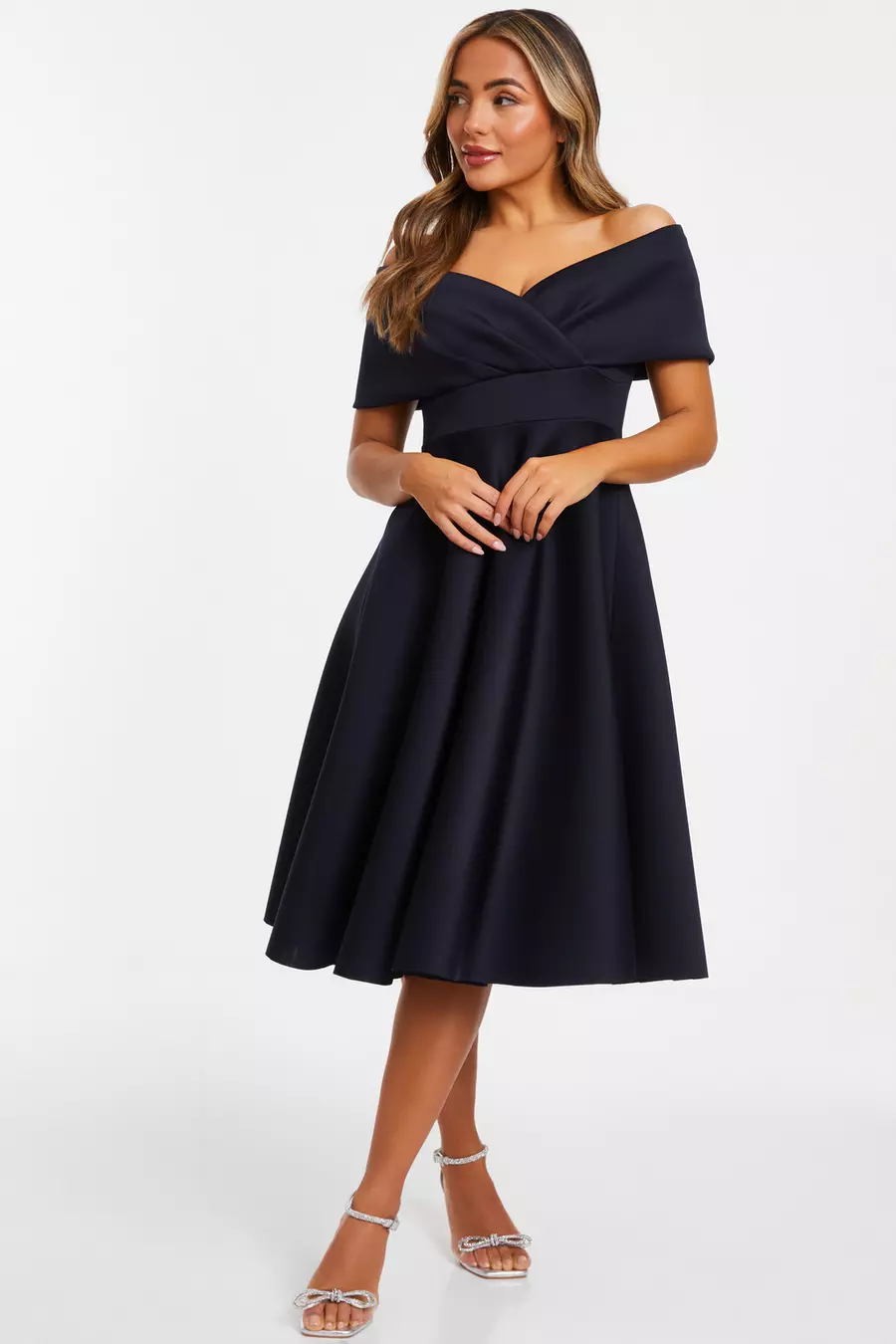 Petite Navy Bardot Skater Midi Dress QUIZ Clothing