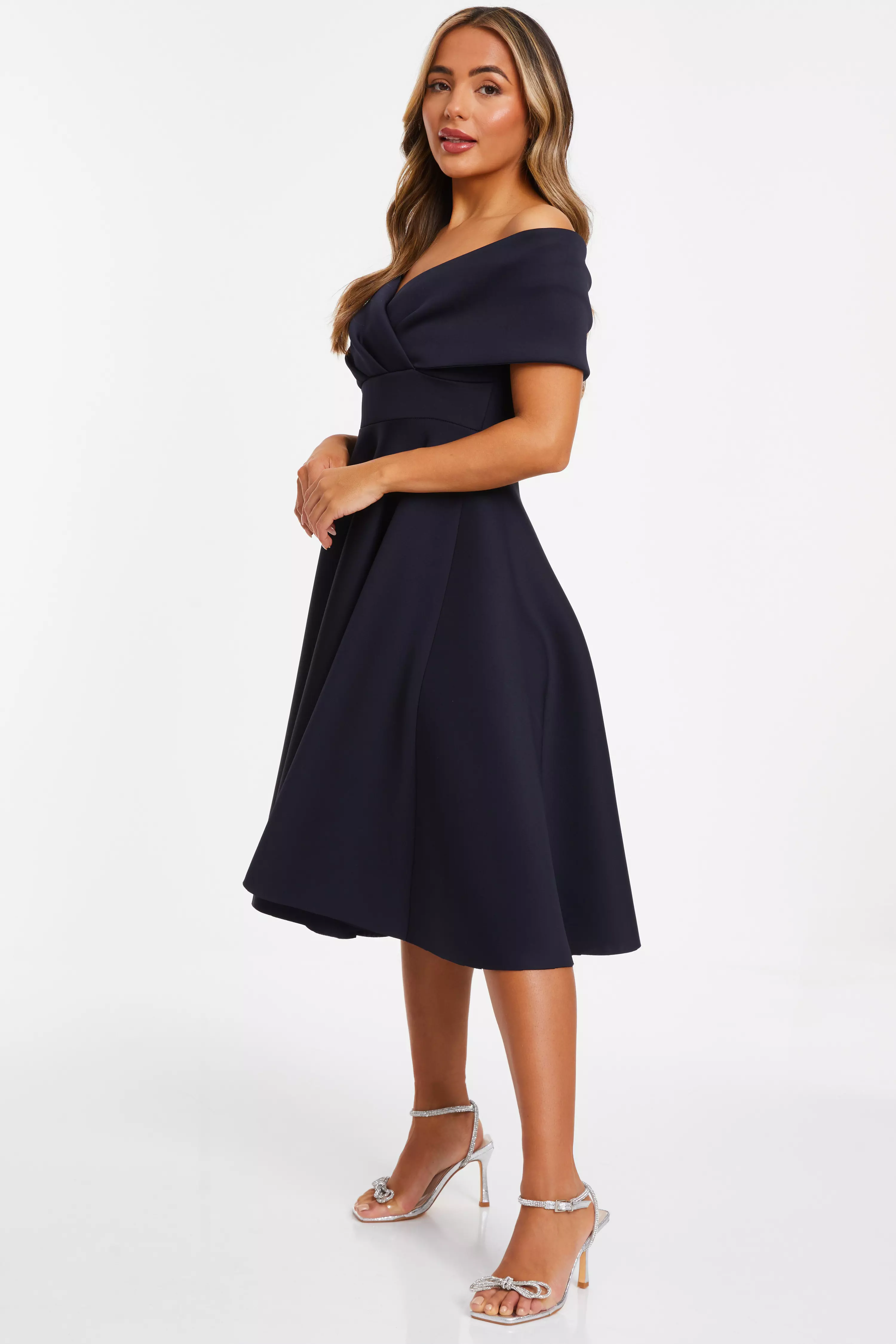 Petite Navy Bardot Skater Midi Dress