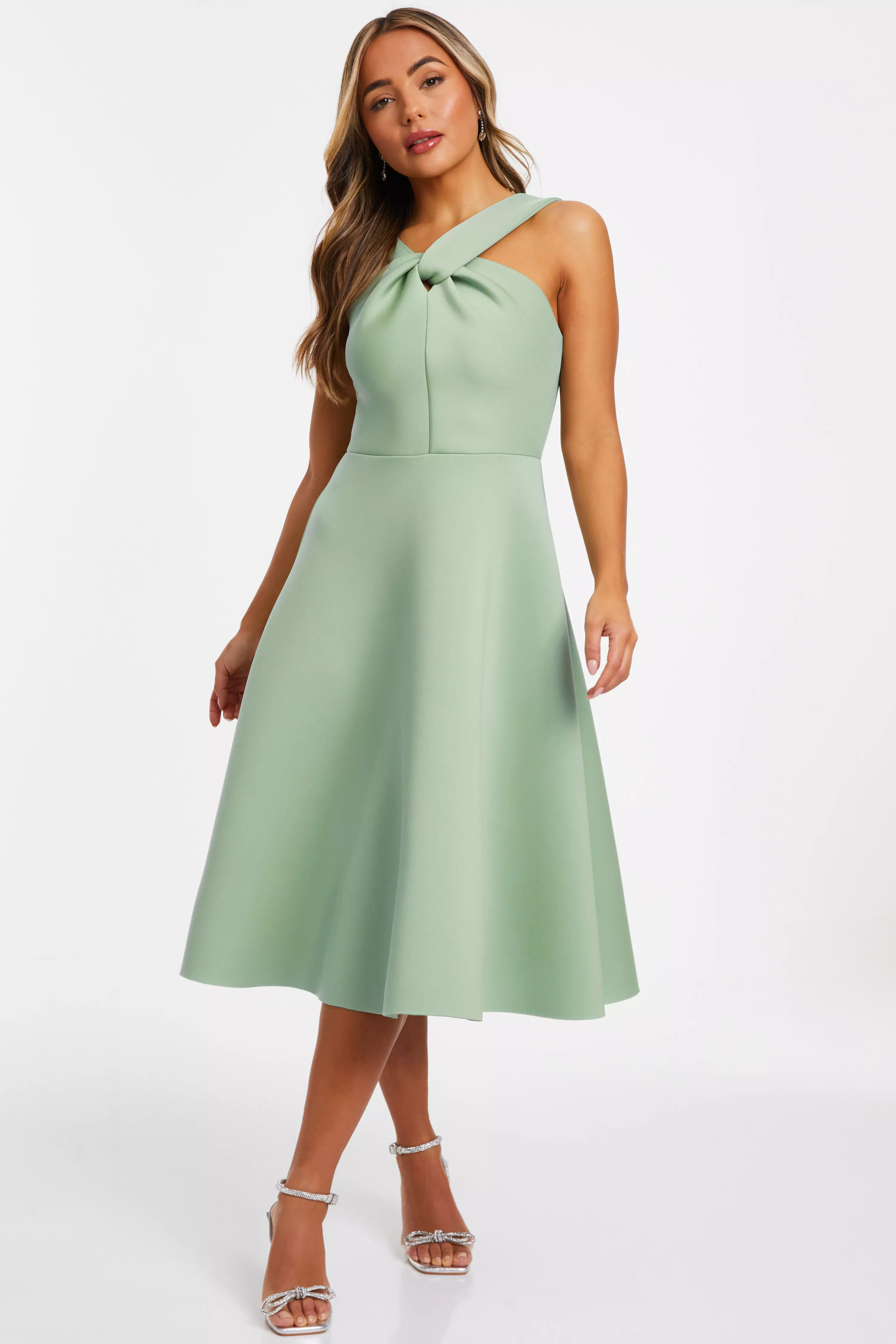 Petite Sage Bardot Skater Midi Dress