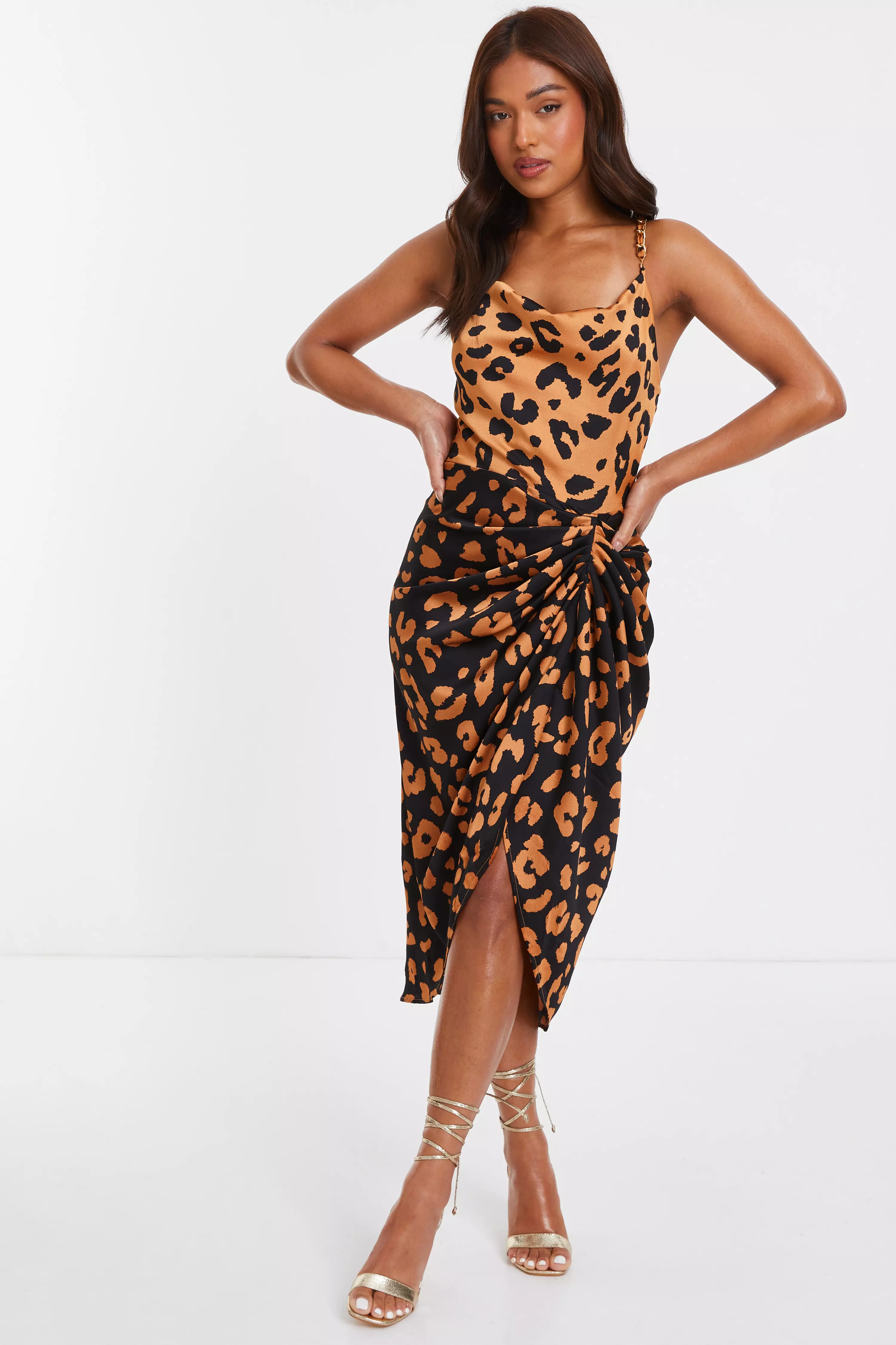 Petite Rust Animal Print Ruched Midi Dress