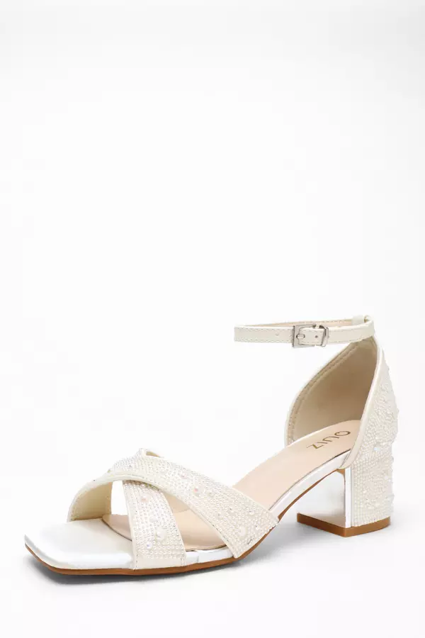 Bridal White Satin Pearl Heeled Sandals