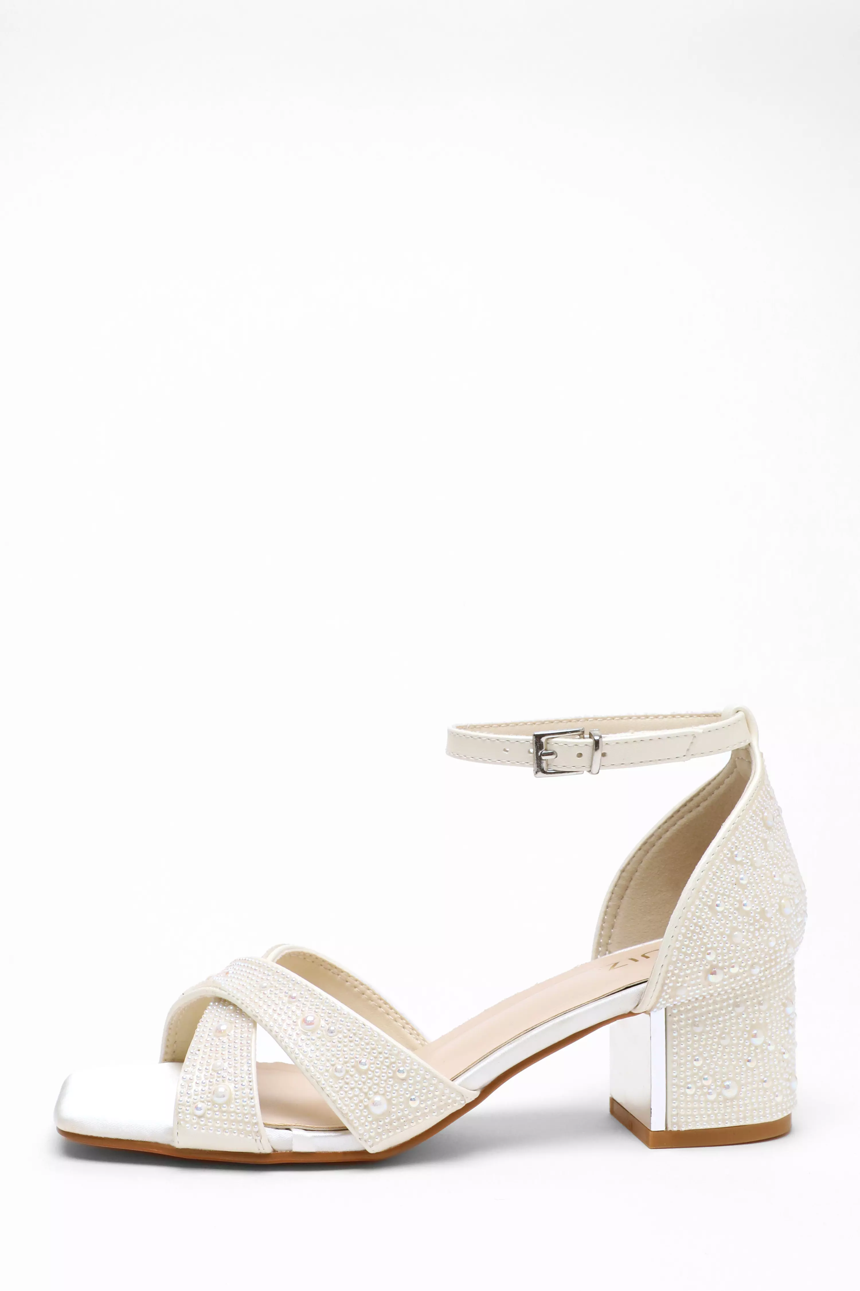 Bridal White Satin Pearl Heeled Sandals