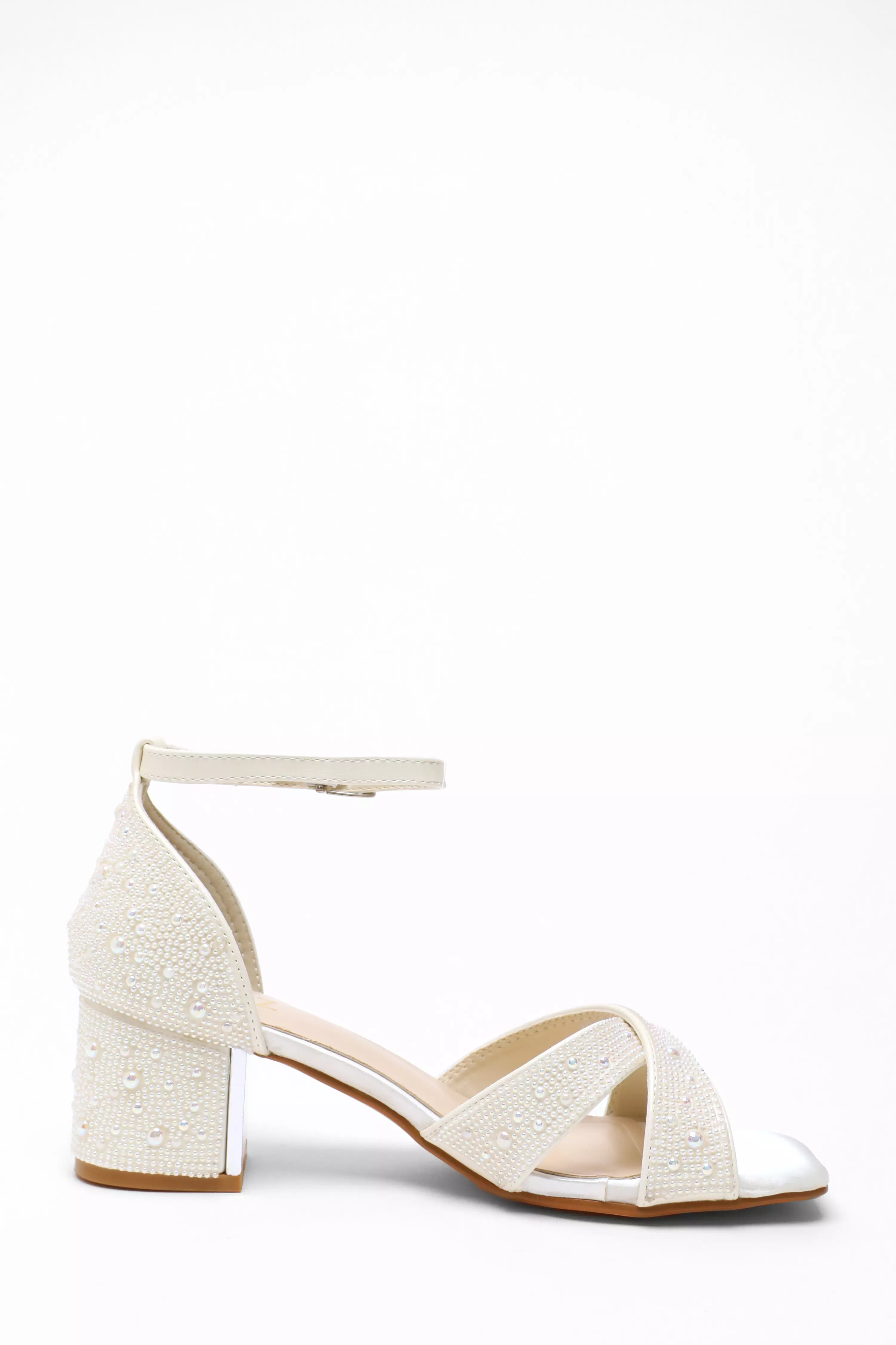 Bridal White Satin Pearl Heeled Sandals