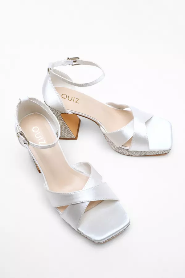 Bridal White Satin Diamante Platform Heels
