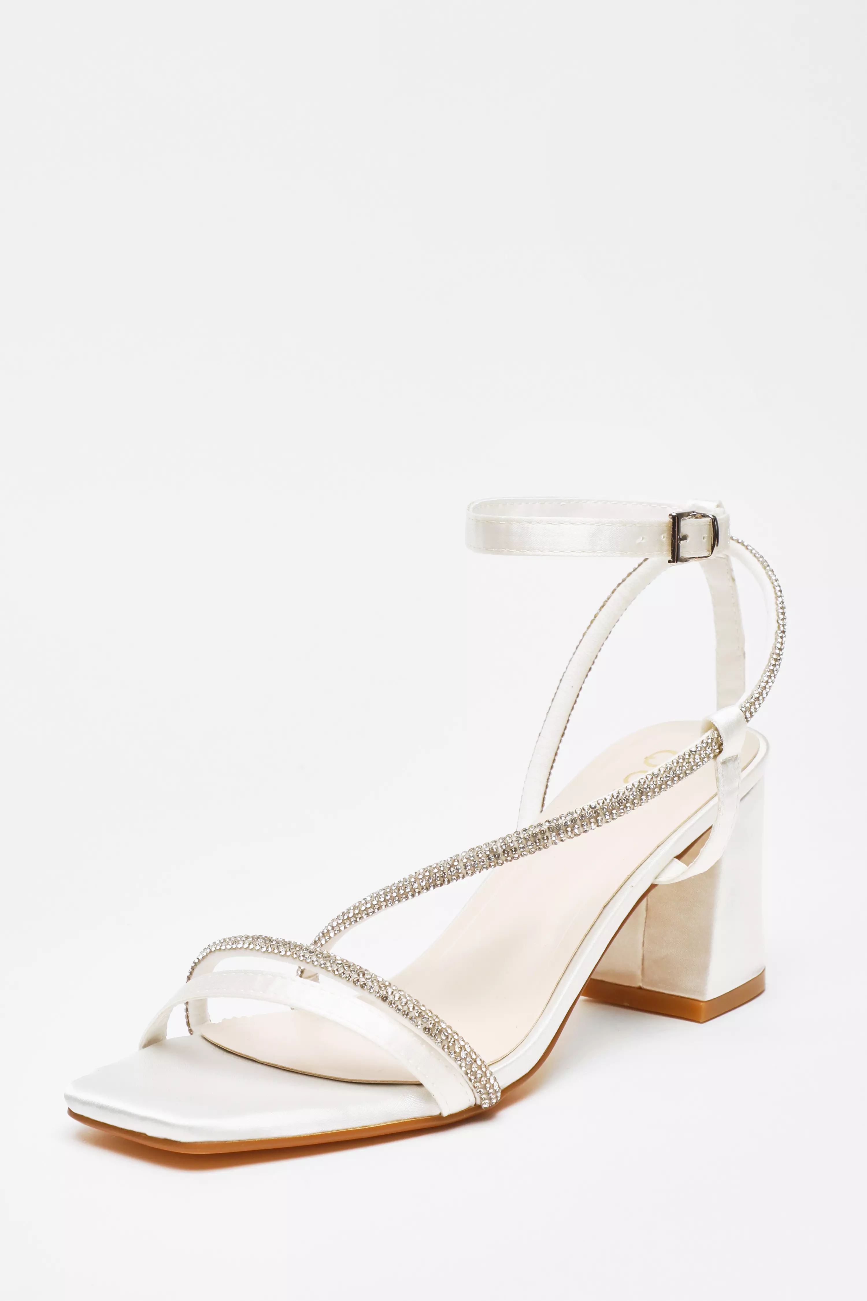 Bridal White Satin Diamante Block Heeled Sandals