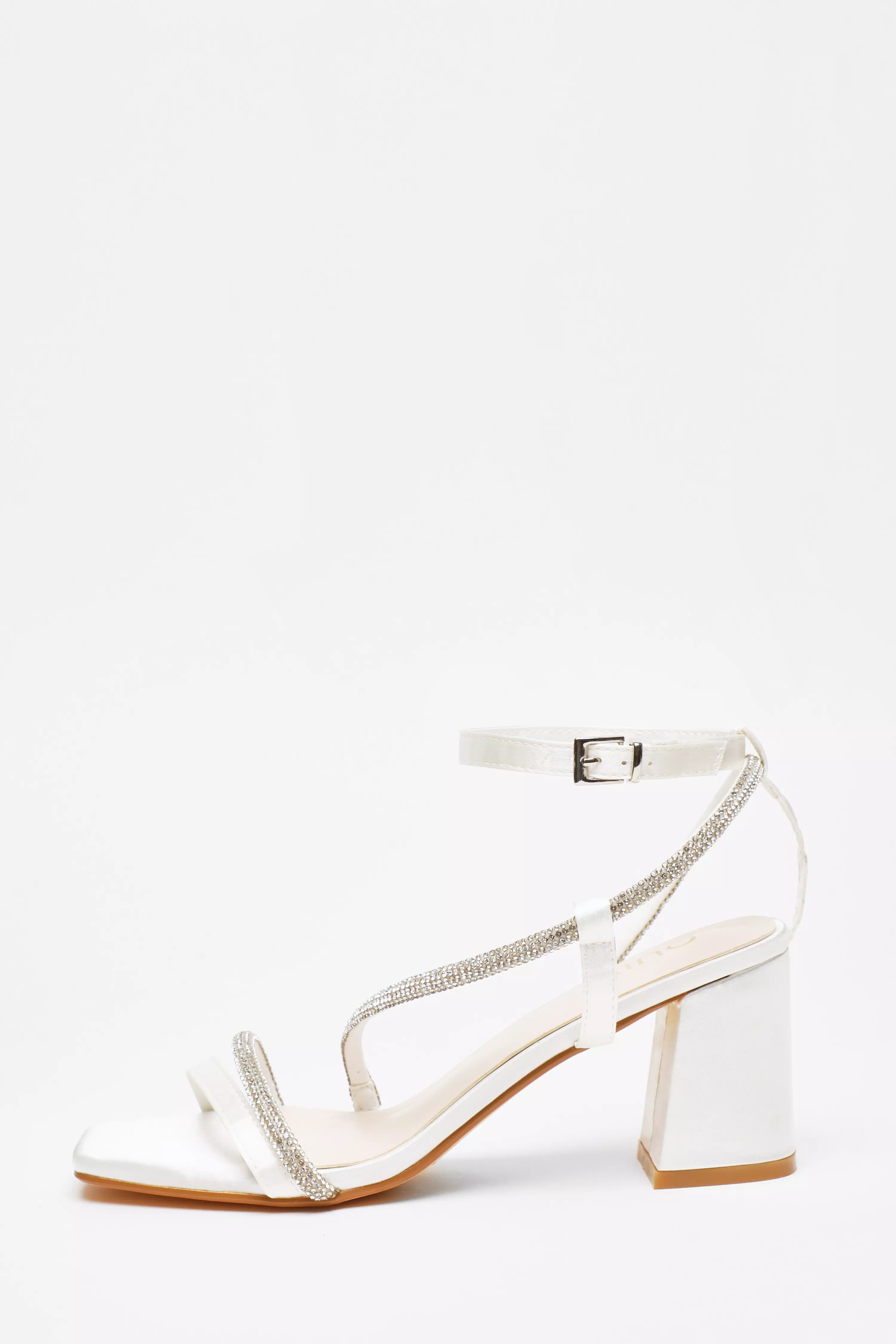 Bridal White Satin Diamante Block Heeled Sandals