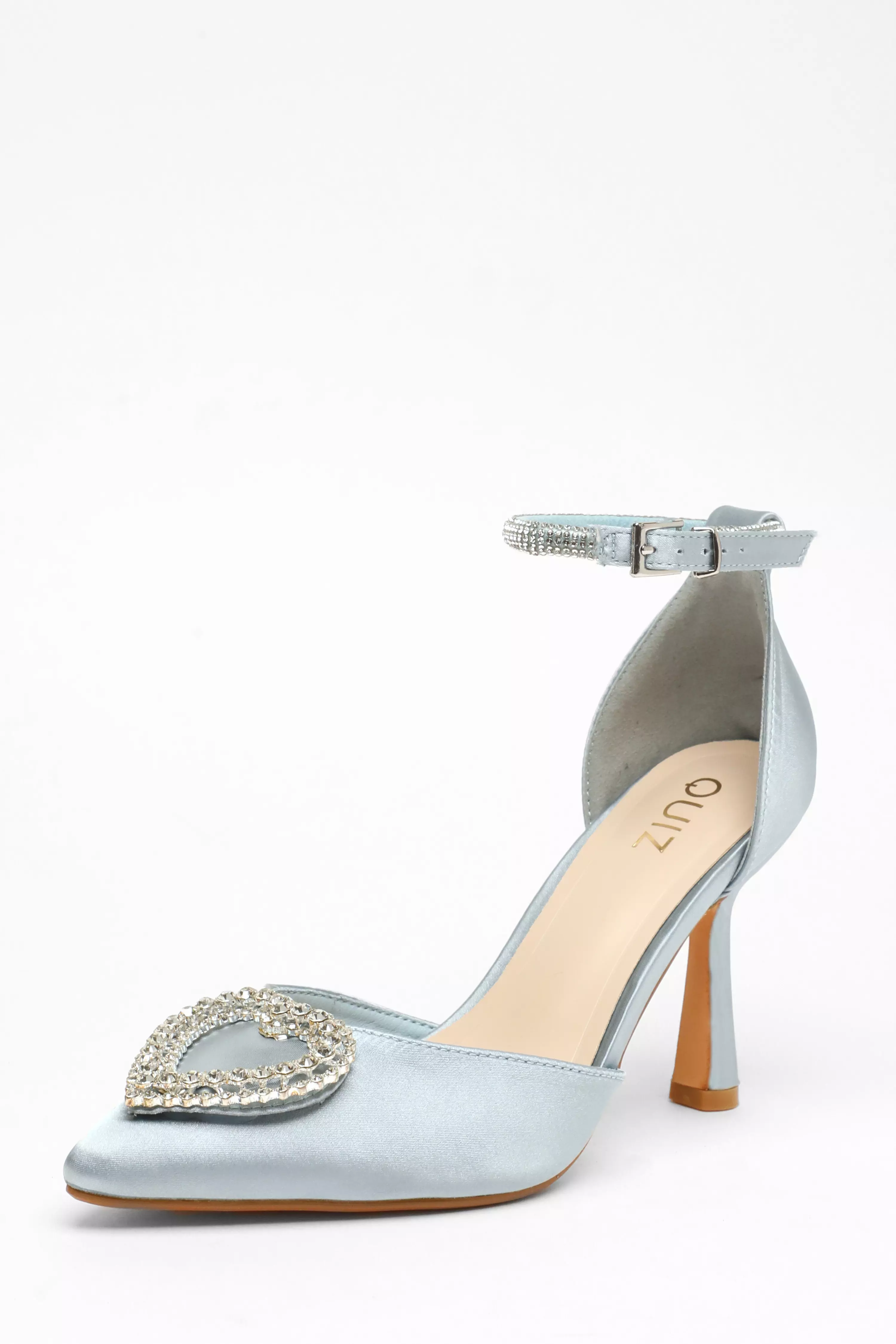 Blue Satin Diamante Heart Brooch Court Heels