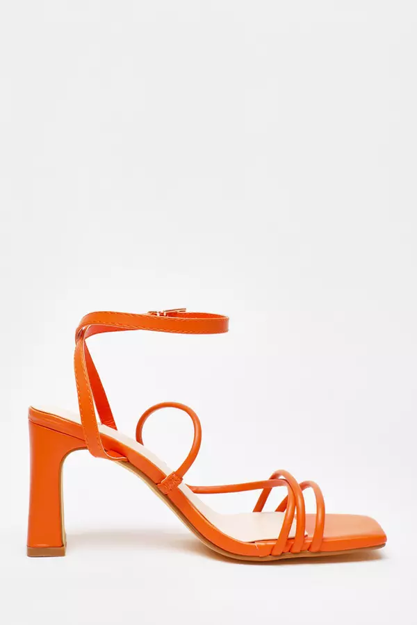 Orange Strappy Block Heeled Sandals