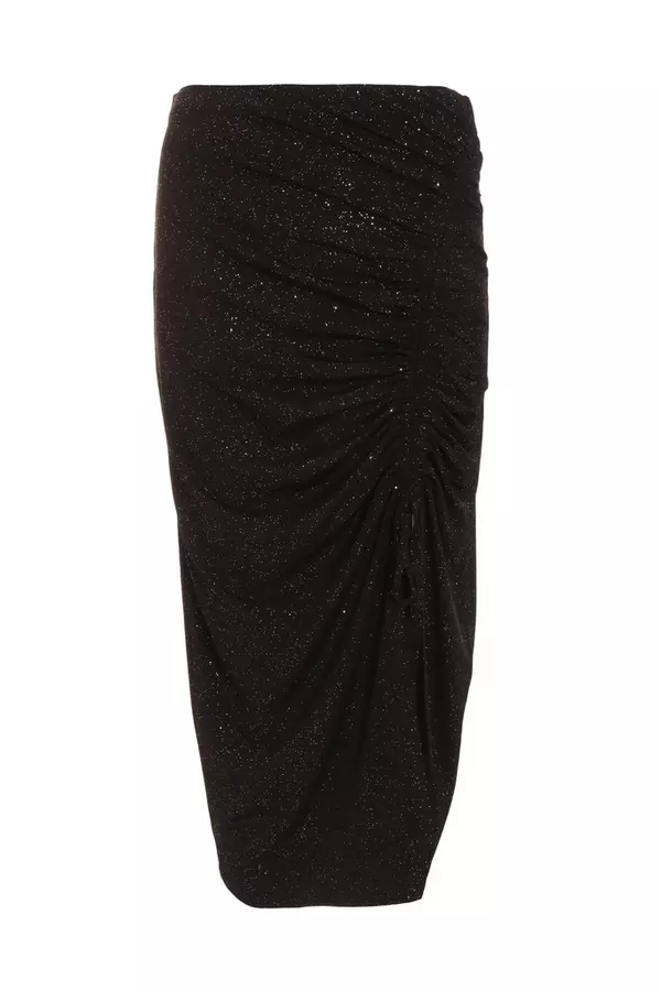 Black Glitter Ruched Midi Skirt