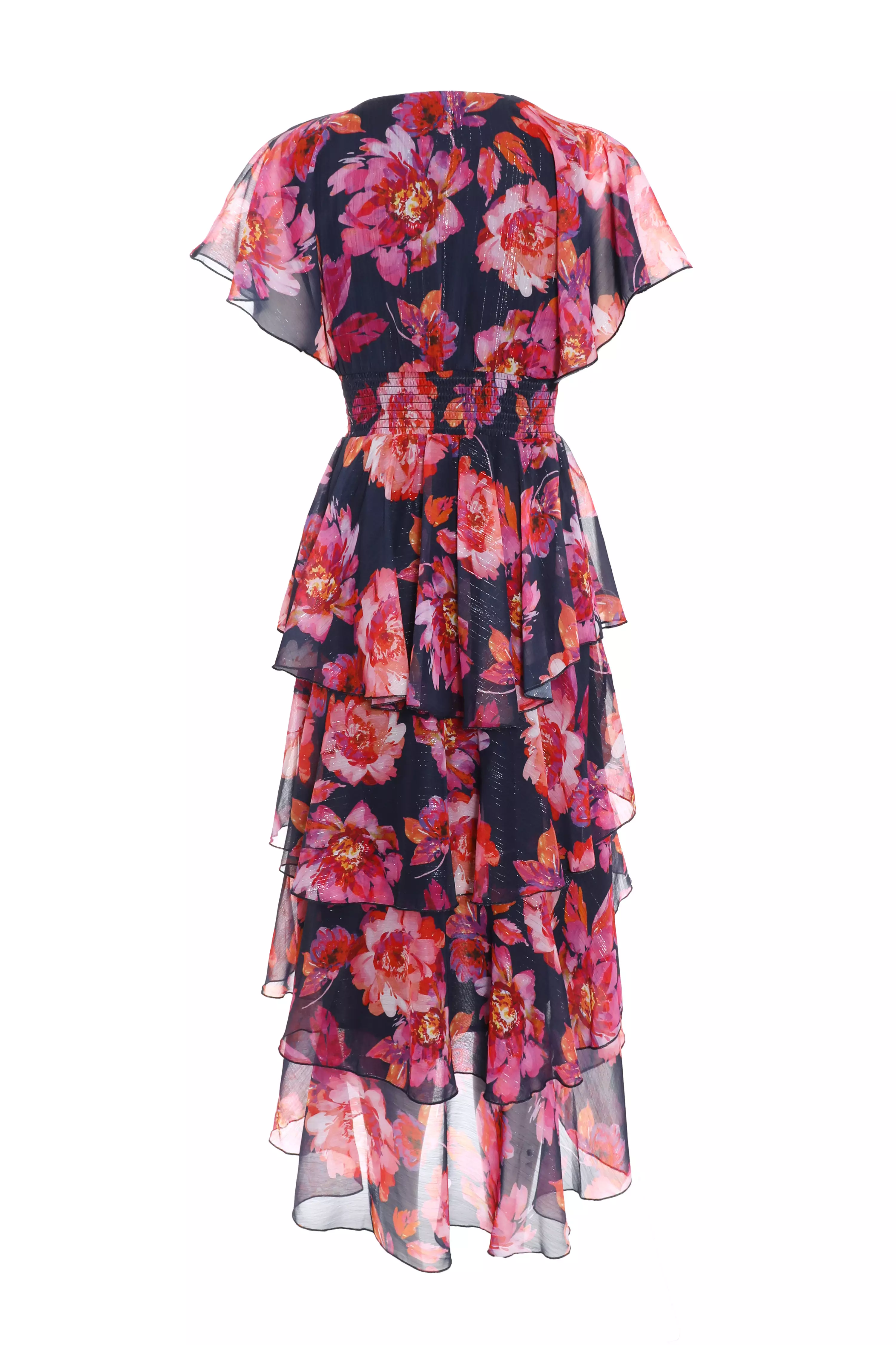 Navy Chiffon Floral Dip Hem Tiered Midi Dress