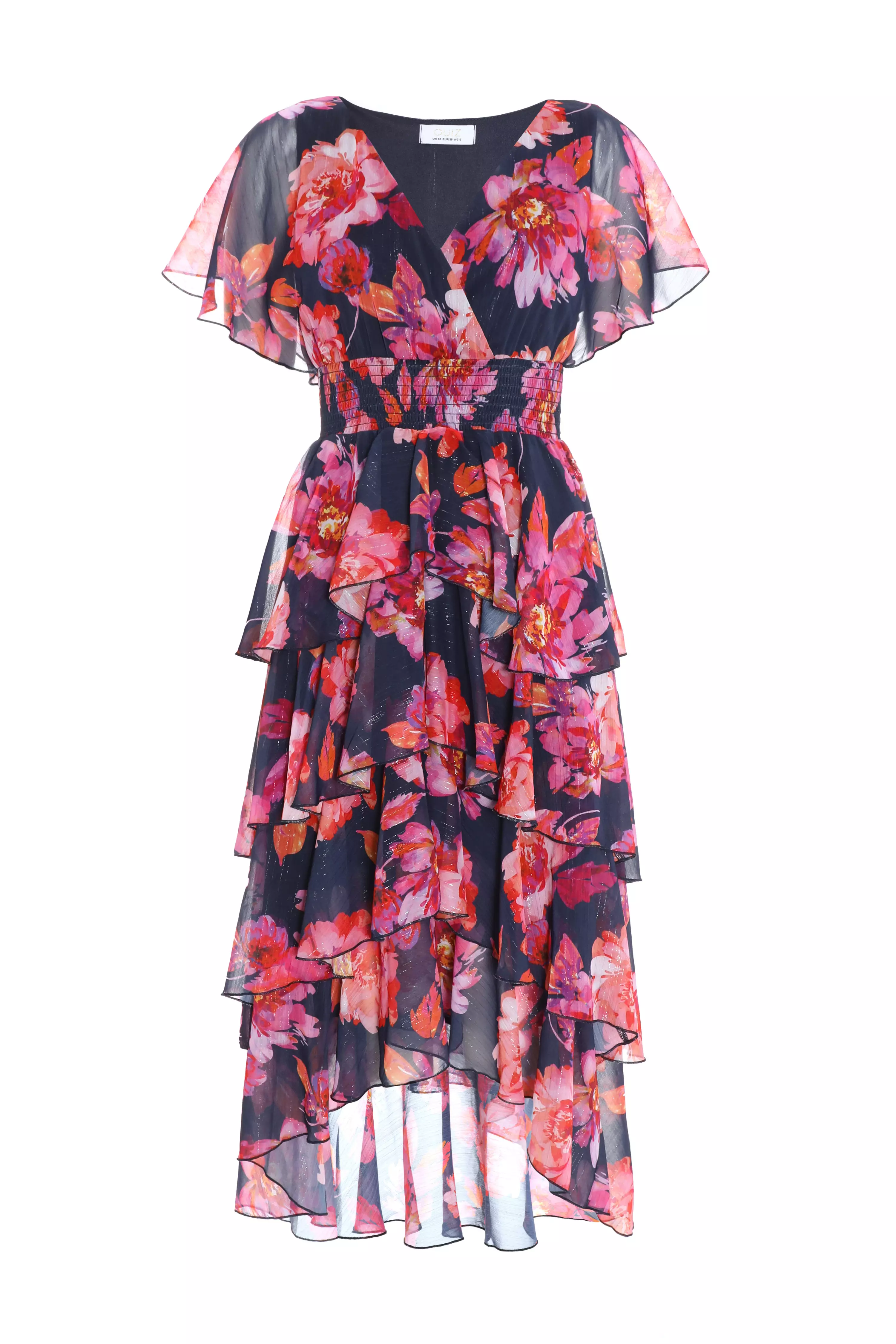 Navy Chiffon Floral Dip Hem Tiered Midi Dress