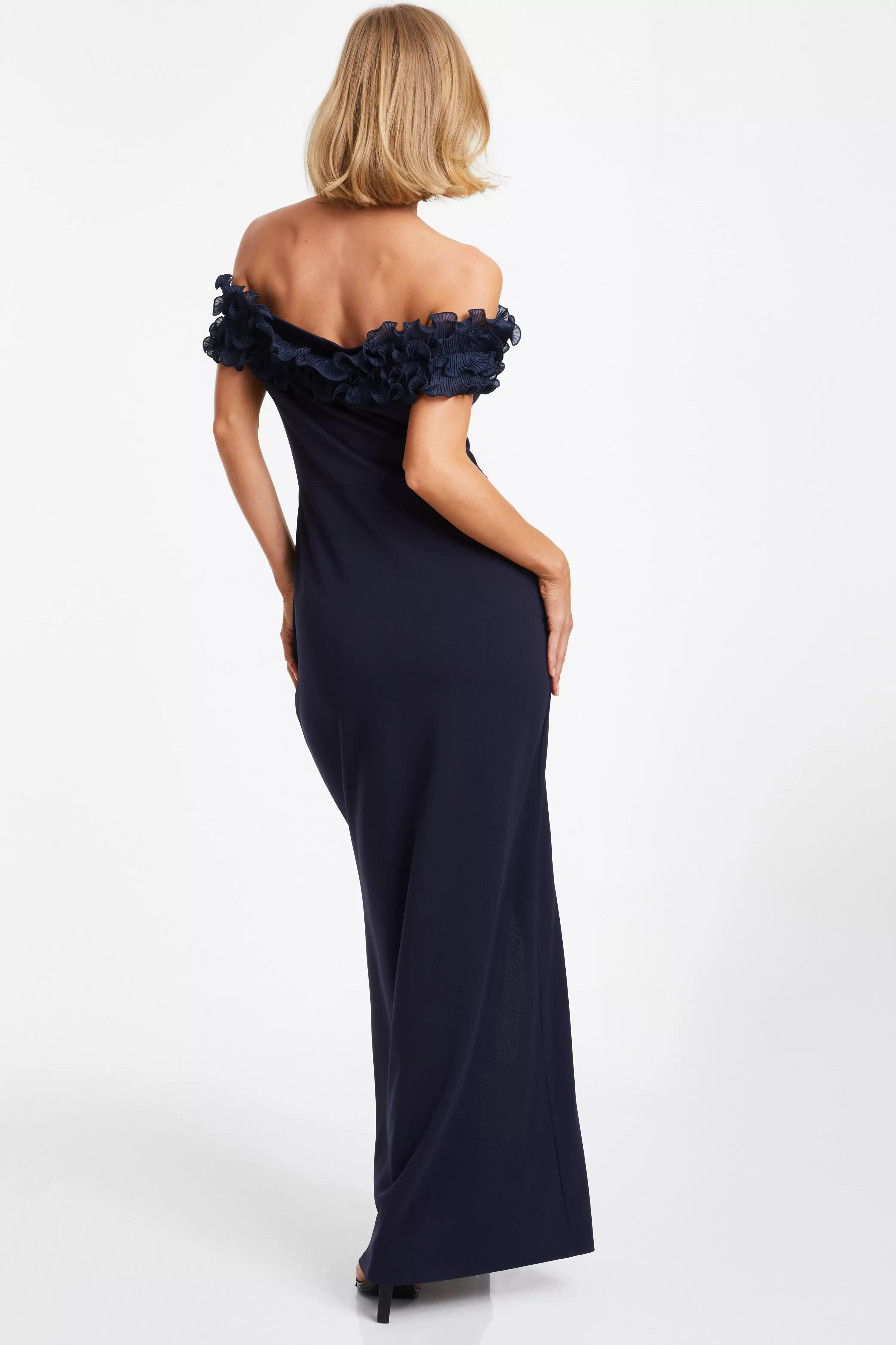 Navy Ruffle Bardot Maxi Dress