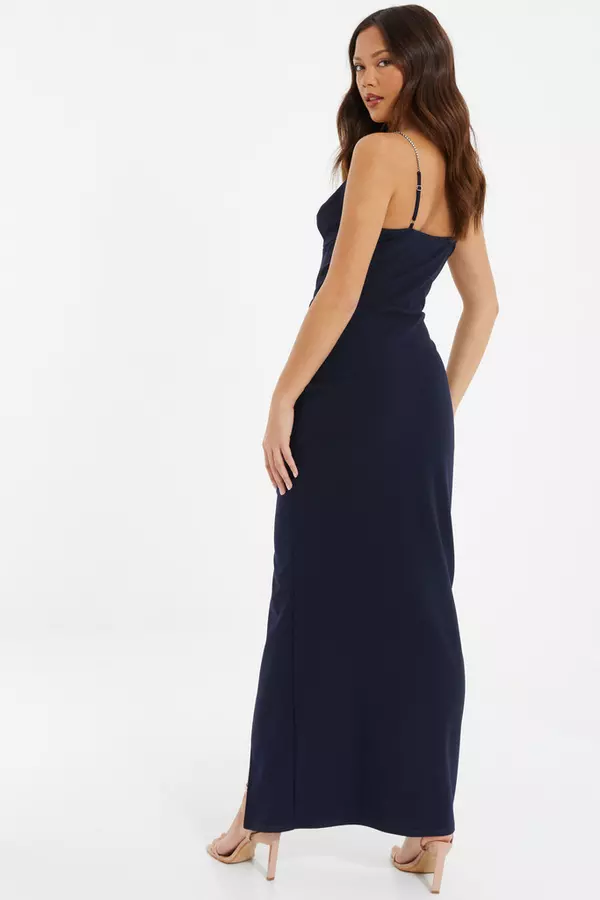 Navy Diamante Ruched Maxi Dress