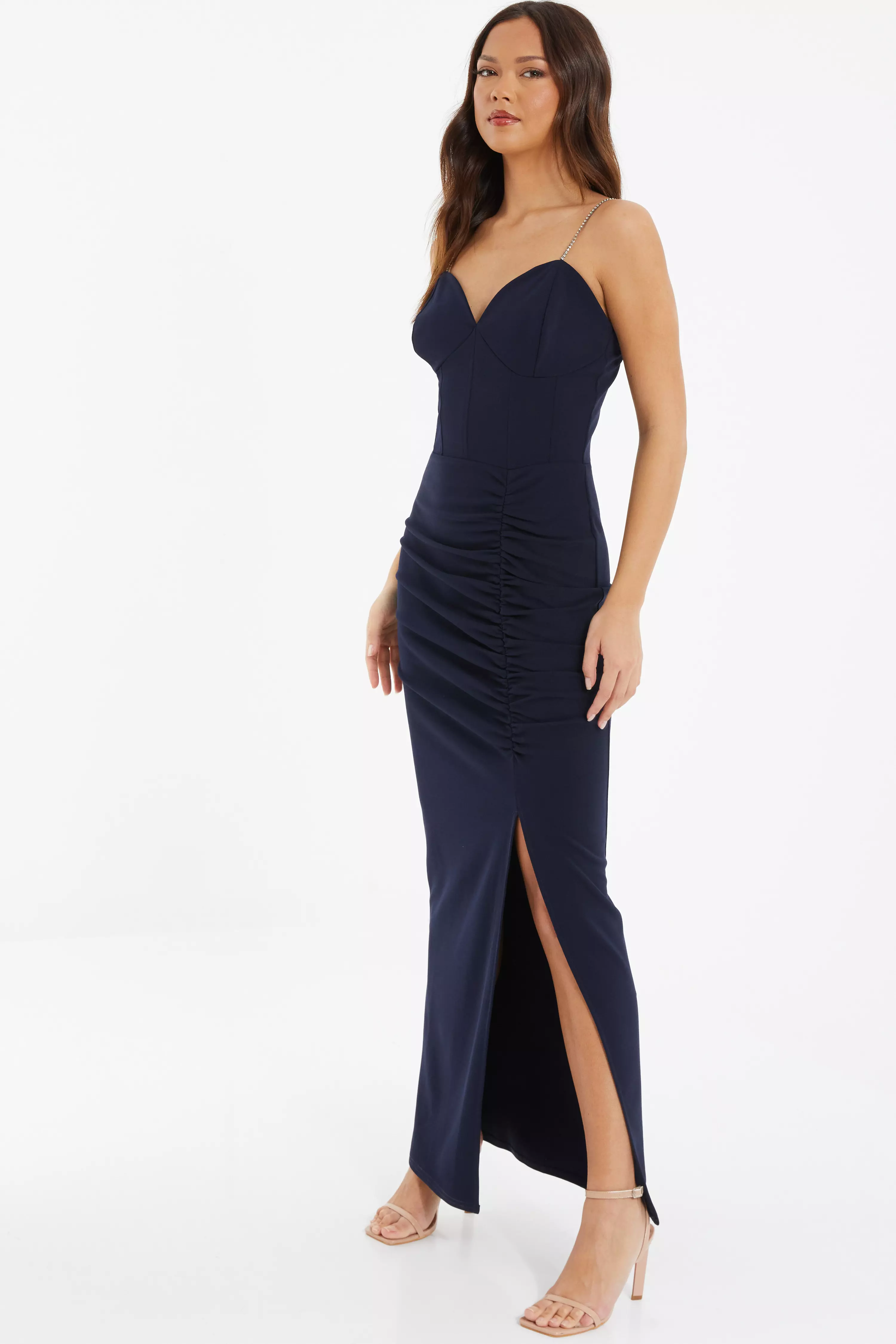 Navy Diamante Ruched Maxi Dress