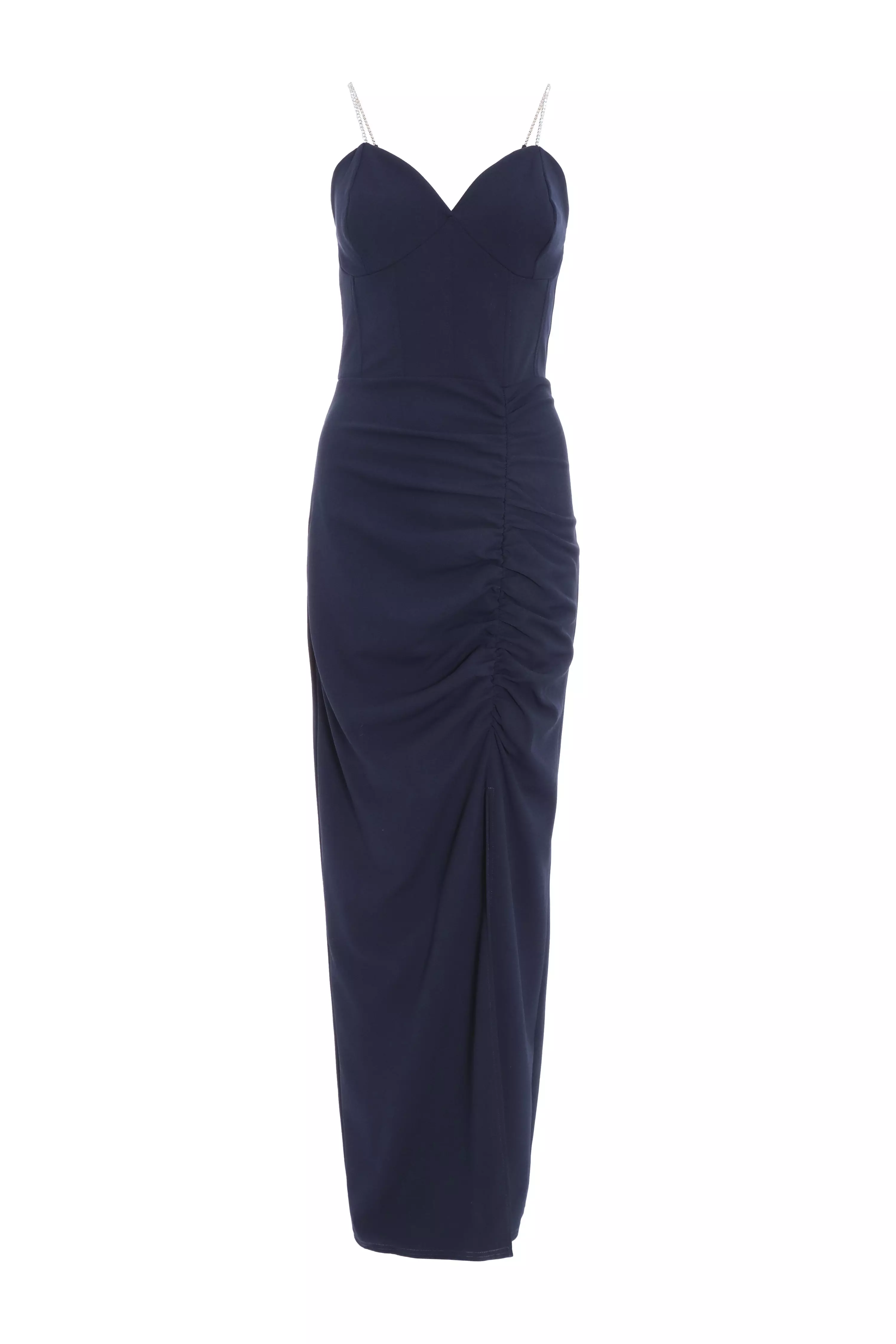 Navy Diamante Ruched Maxi Dress