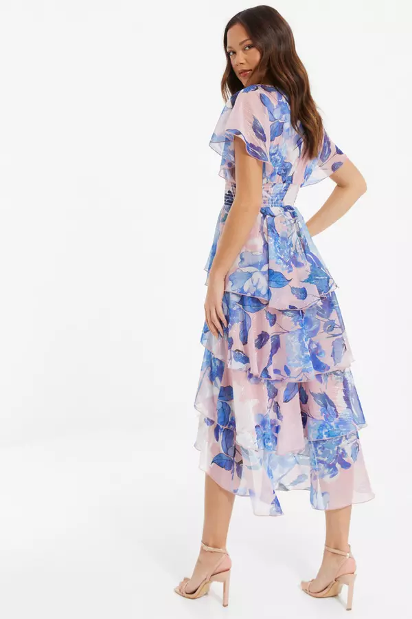 Blue Floral Dip Hem Tiered Midi Dress