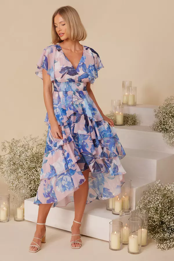 Blue Floral Dip Hem Tiered Midi Dress