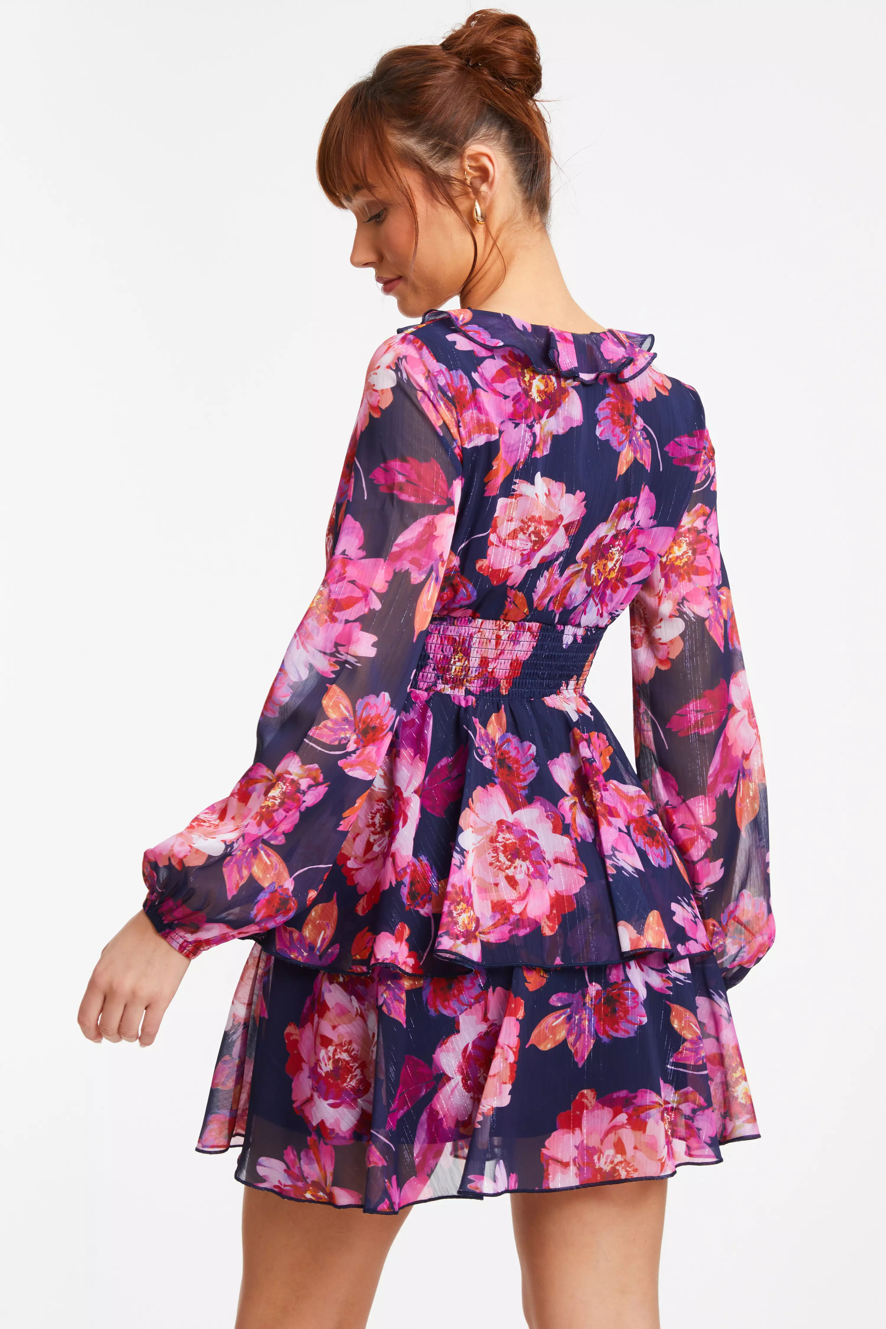 Pink Chiffon Floral Tiered Skater Mini Dress