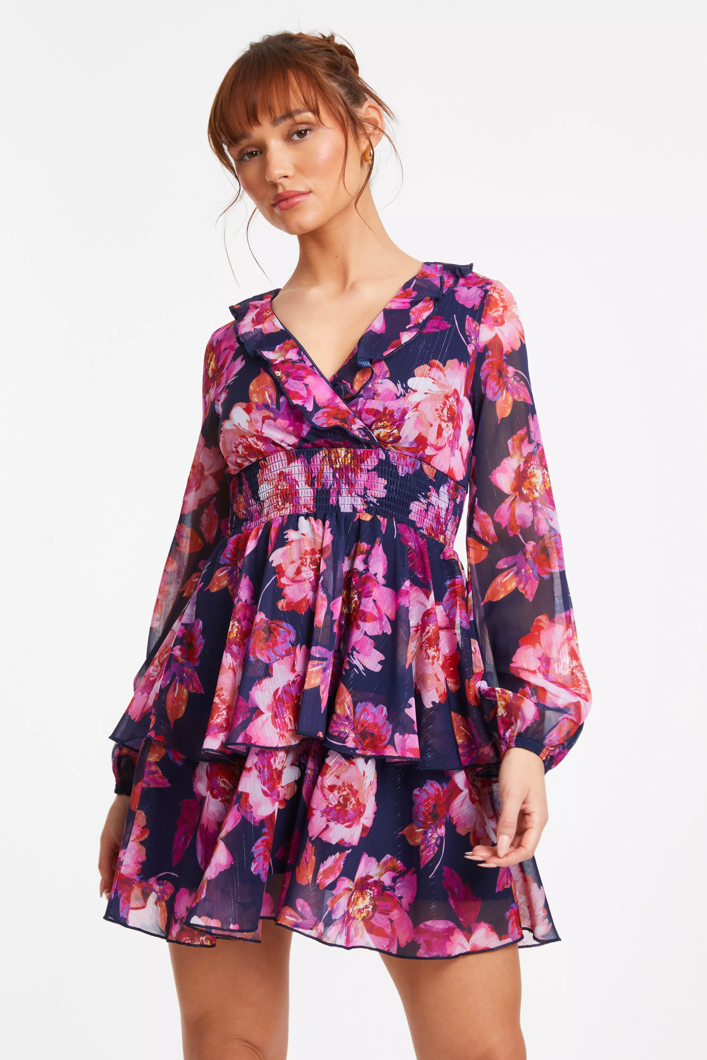 Pink Chiffon Floral Tiered Skater Mini Dress