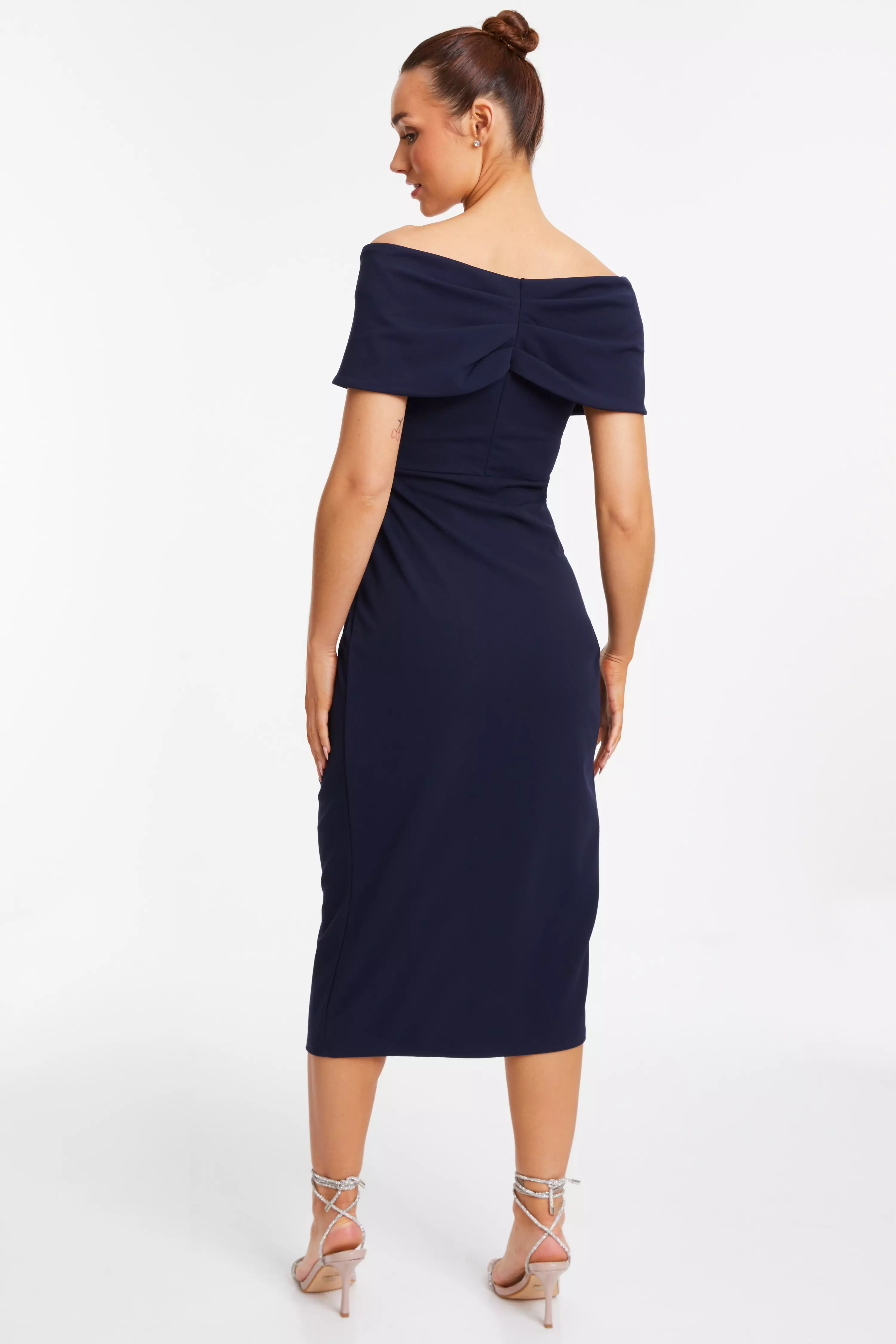 Navy Bardot Ruched Wrap Midi Dress