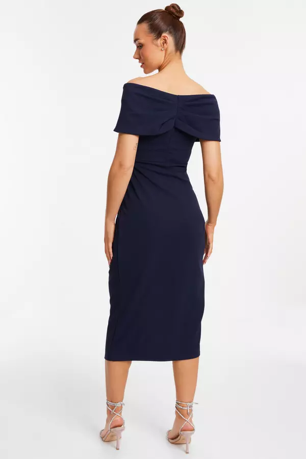 Navy Bardot Ruched Wrap Midi Dress