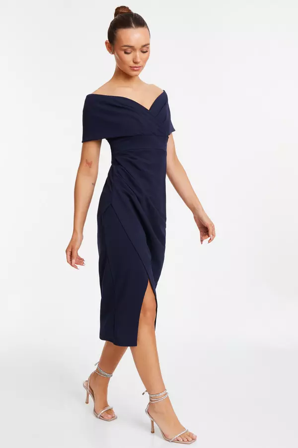 Navy Bardot Ruched Wrap Midi Dress