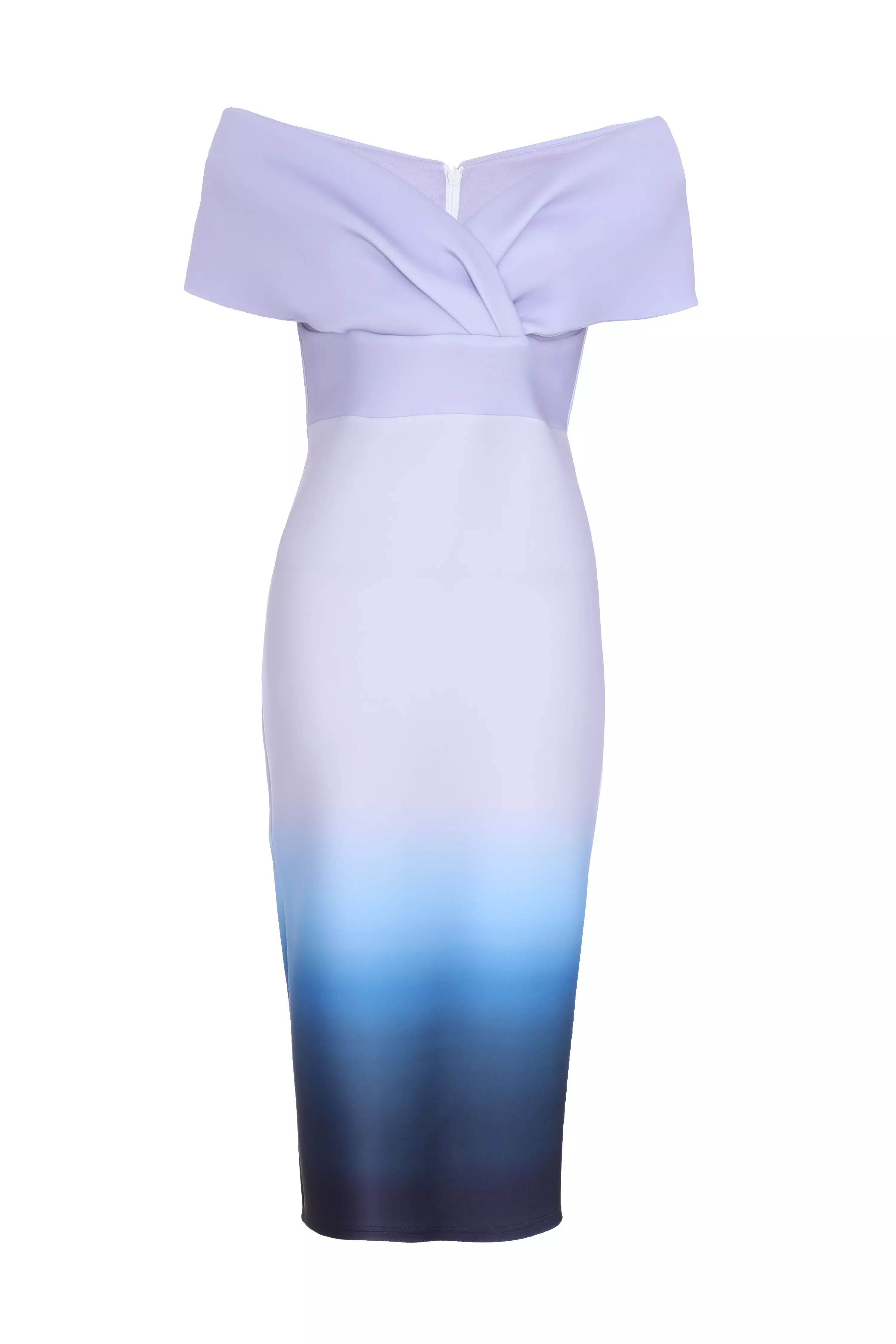 Blue Ombre Bardot Ruched Midi Dress