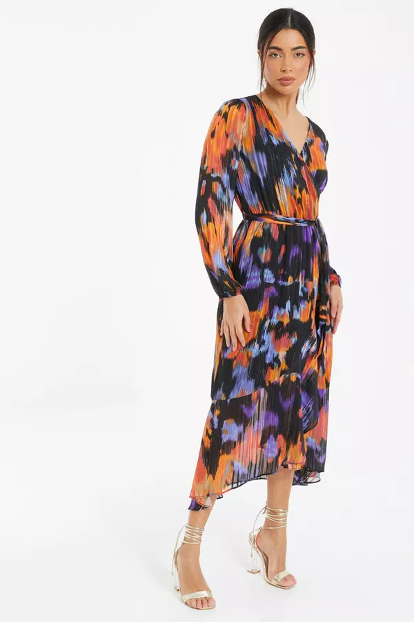 Black Smudge Print Chiffon Wrap Midi Dress