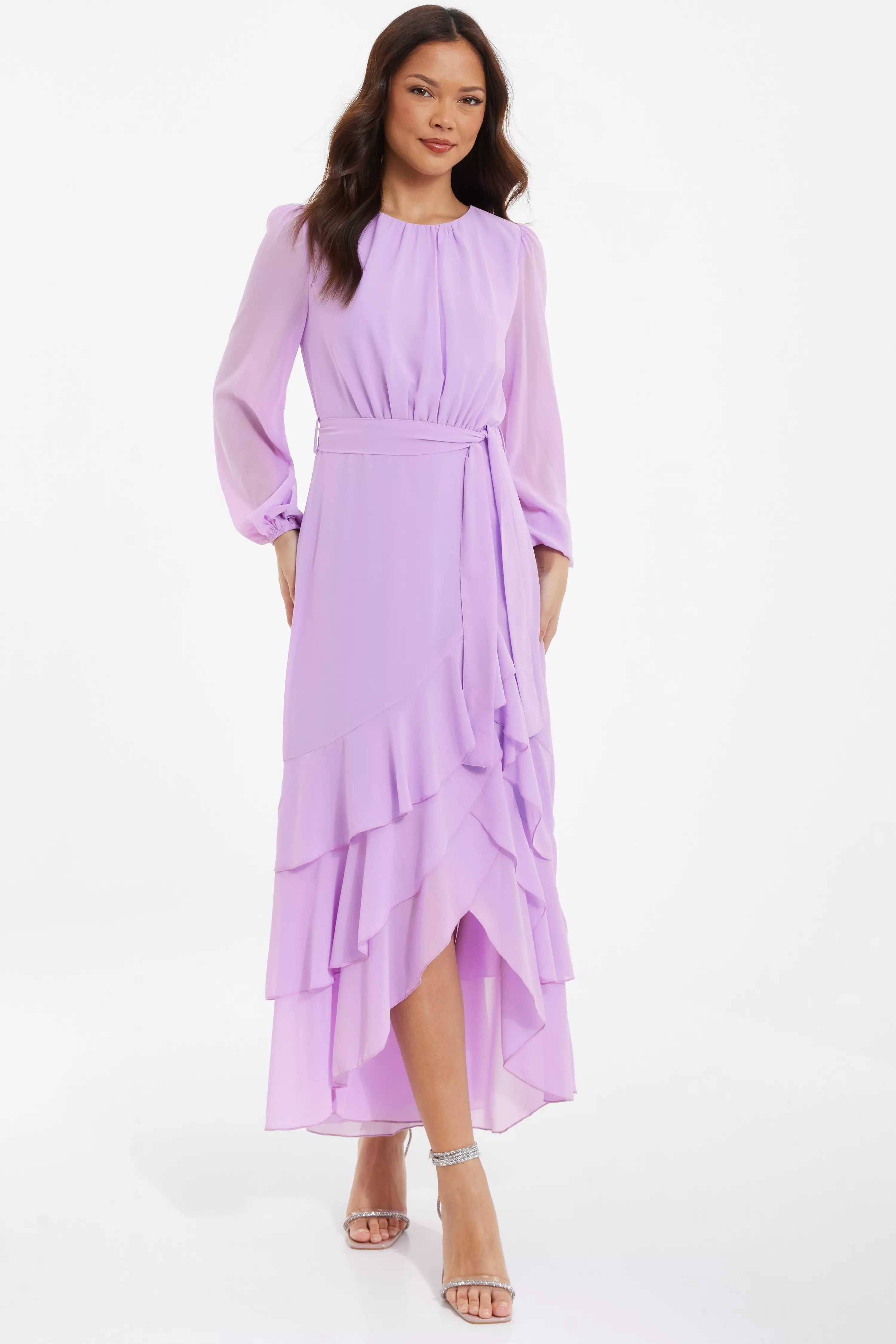 Lilac Chiffon Frill Hem Midi Dress