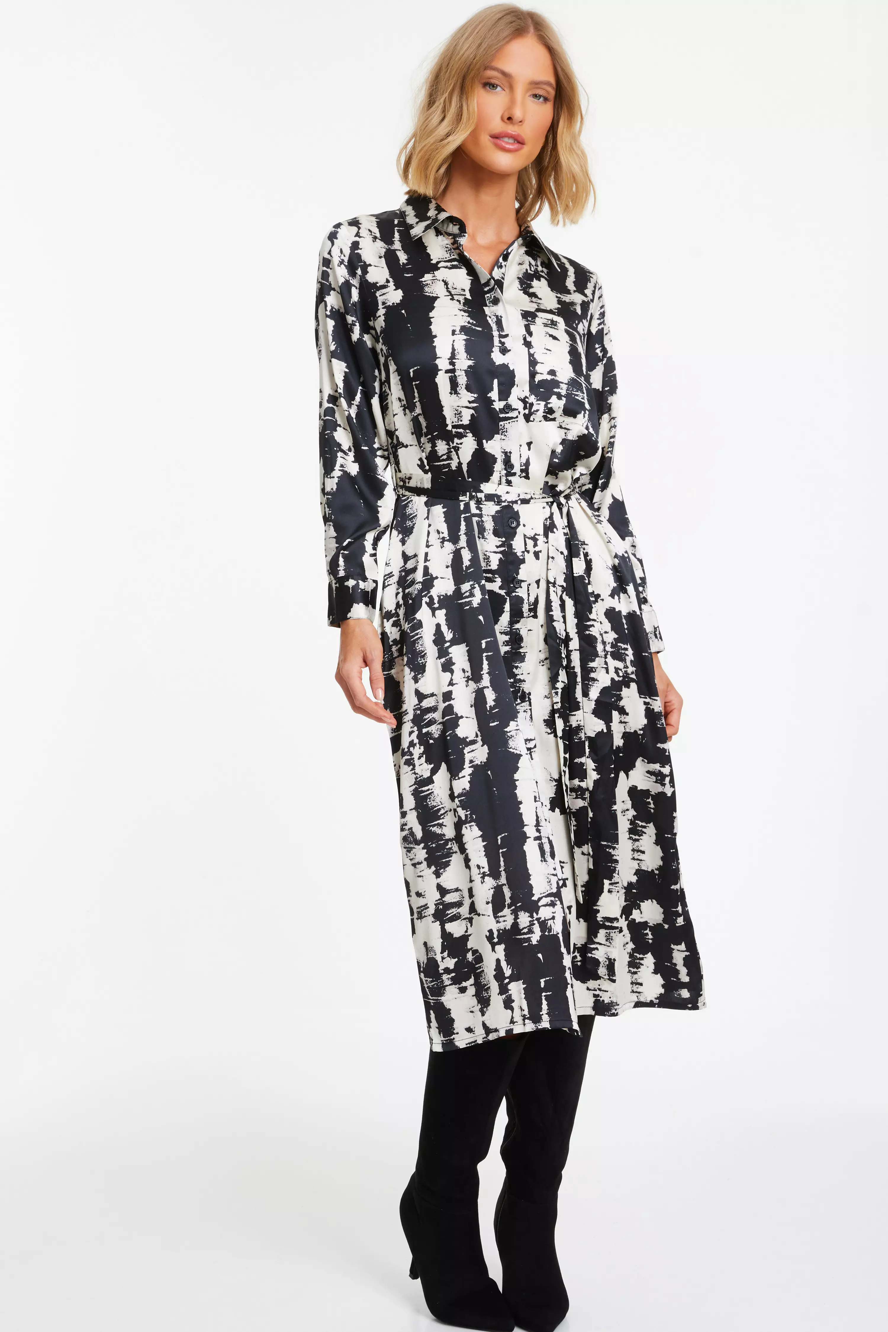 Black Satin Marble Print Shirt Dress