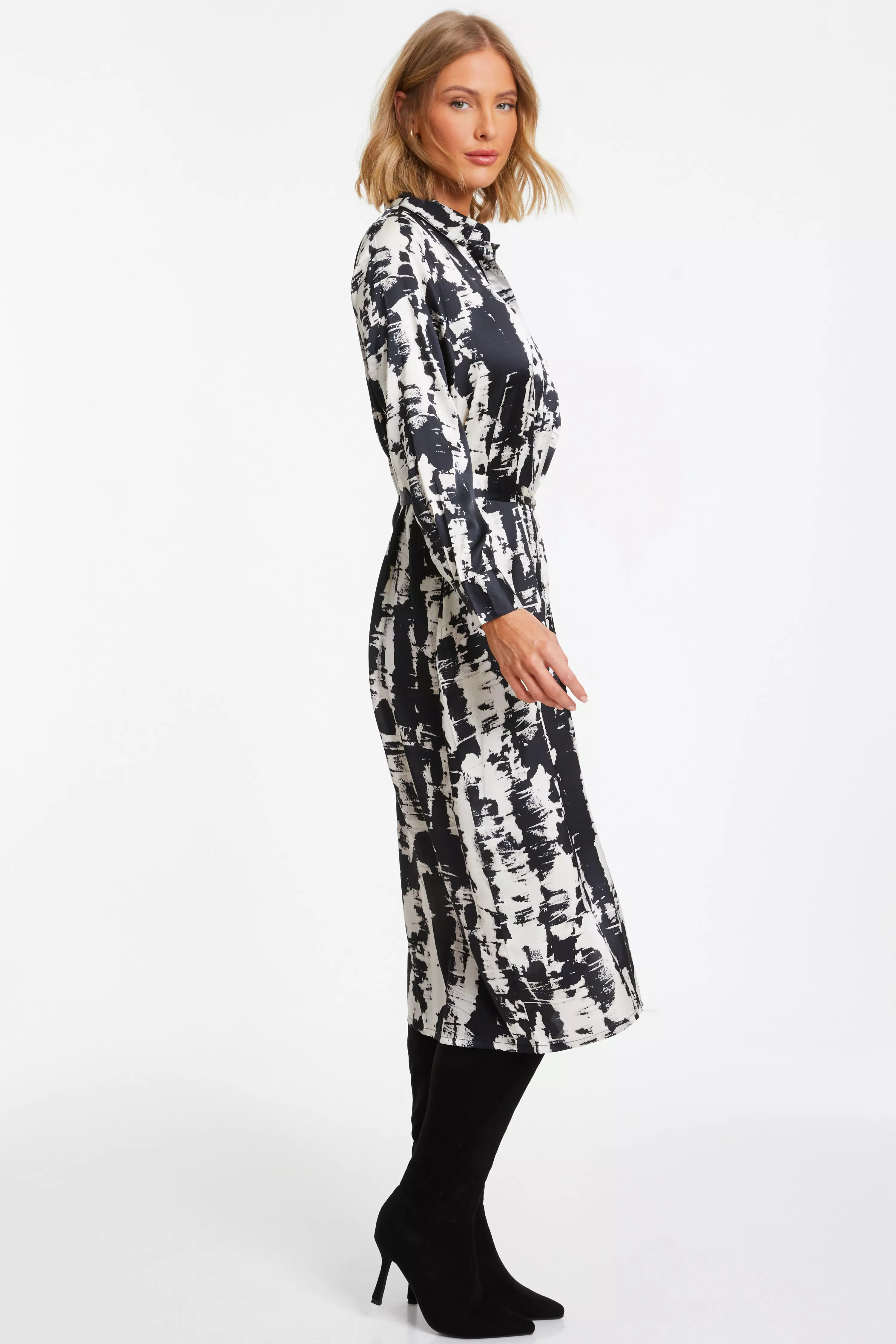 Black Satin Marble Print Shirt Dress