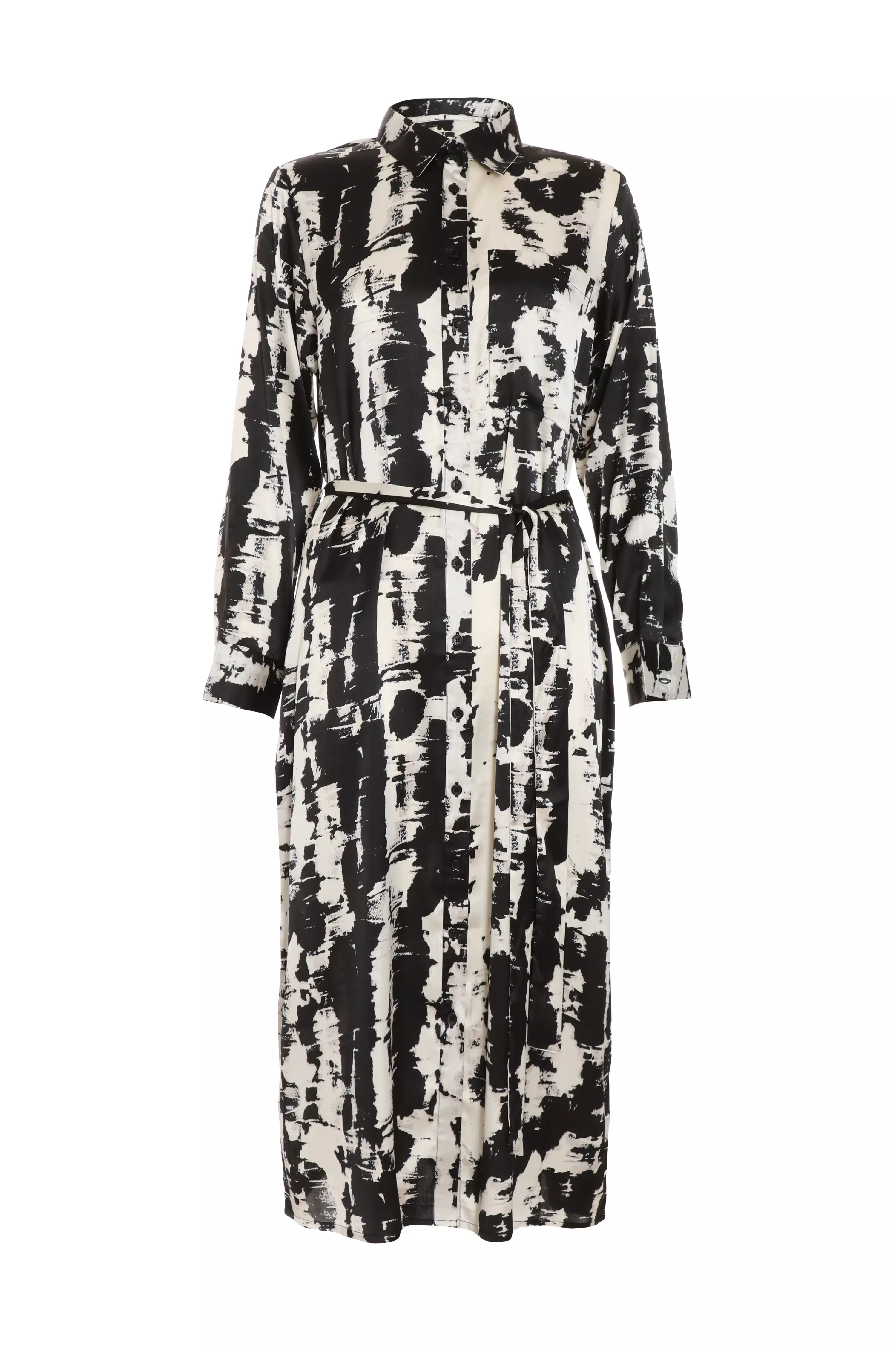 Black Satin Marble Print Shirt Dress