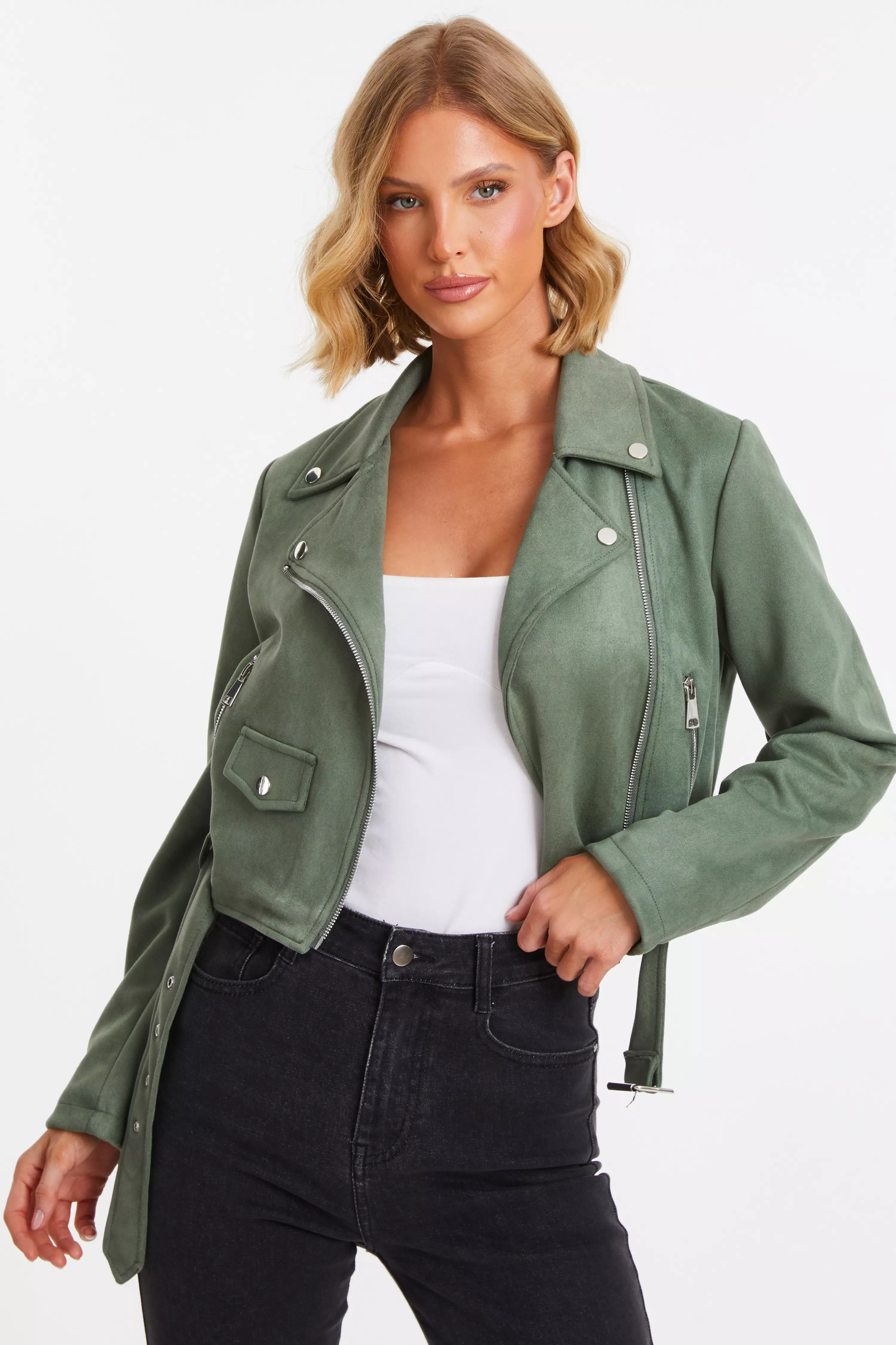 Khaki Faux Suede Cropped Biker Jacket