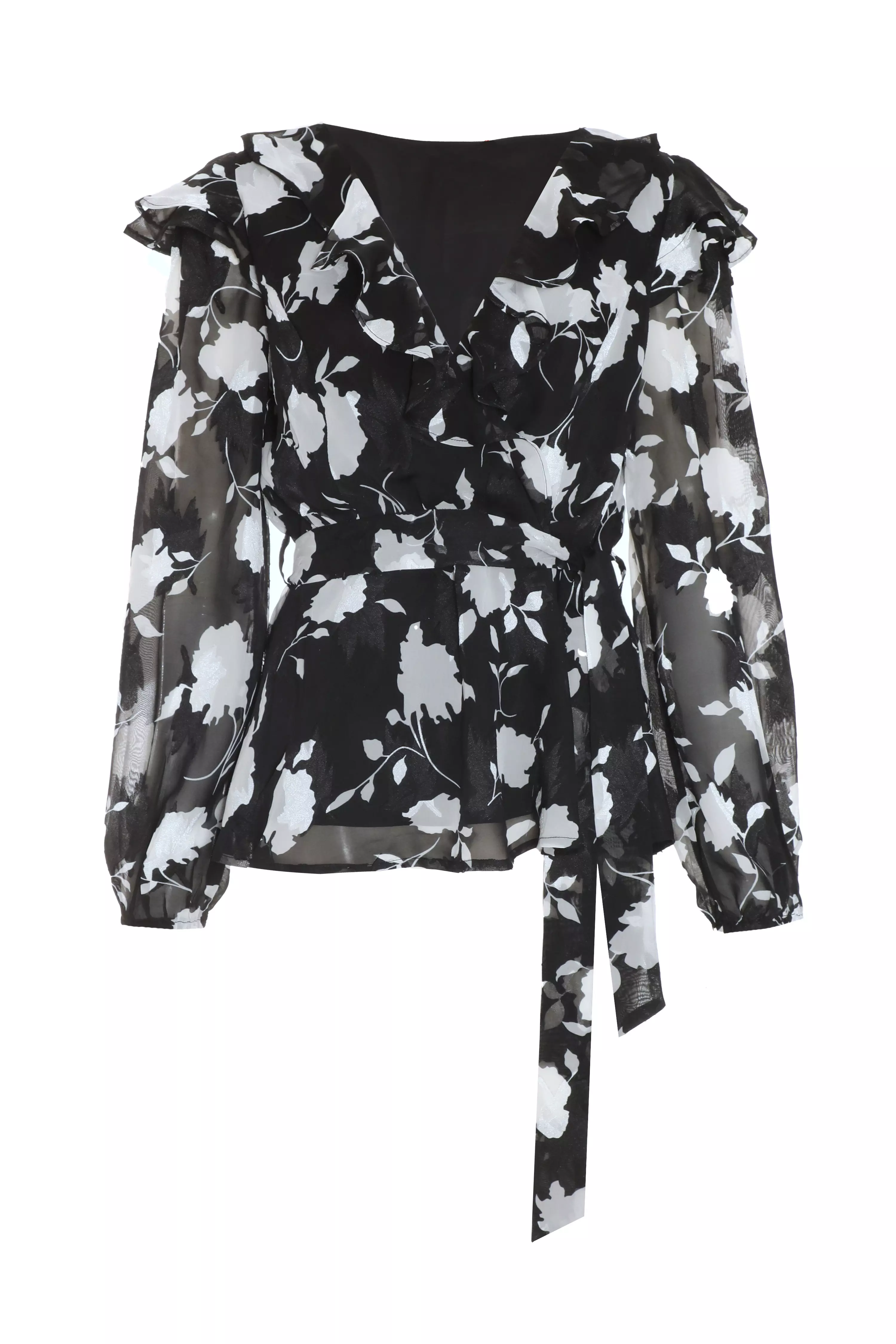 Black Floral Frill Peplum Top